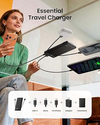 Miniatura 6 de Cargador portátil con enchufe de pared, banco de energía USB C delgado con cables integrados, pantalla LED de 10000 mAh, batería externa compatible