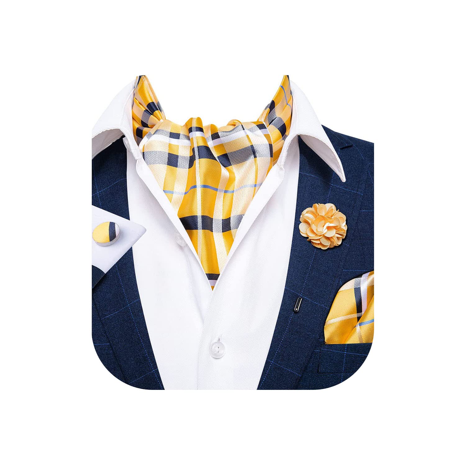 DiBanGuMens Silk Ascot Ties Paisley Jacquard Woven Cravat and Pocket Square Cufflinks with Lapel Pin for Business Wedding