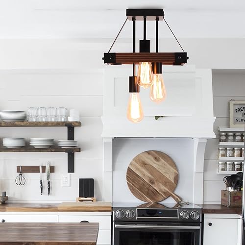 Miniatura 2 de Lámpara de techo semiempotrada de granja, luces para dormitorio, lámparas de cocina de metal negro y madera con 3 enchufes de bombilla E26,