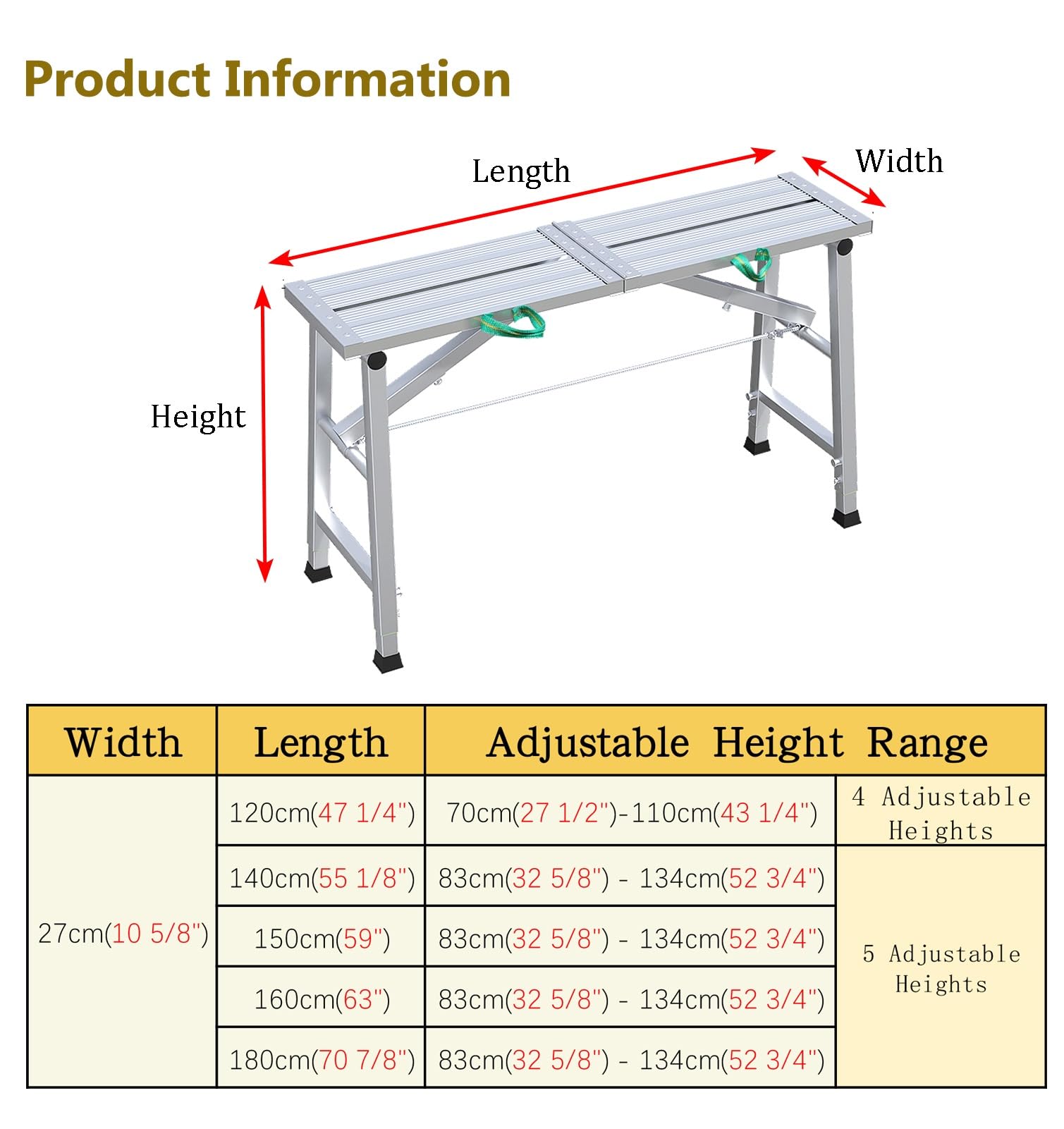 Andamio Plataforma de Andamio Regulable en Altura, Equipo de Plataforma de Trabajo Antideslizante, Tablero de Aluminio y Tubo de Acero Galvanizado, Gran Capacidad de Carga(Silver,L-120cm(47 1/4"))