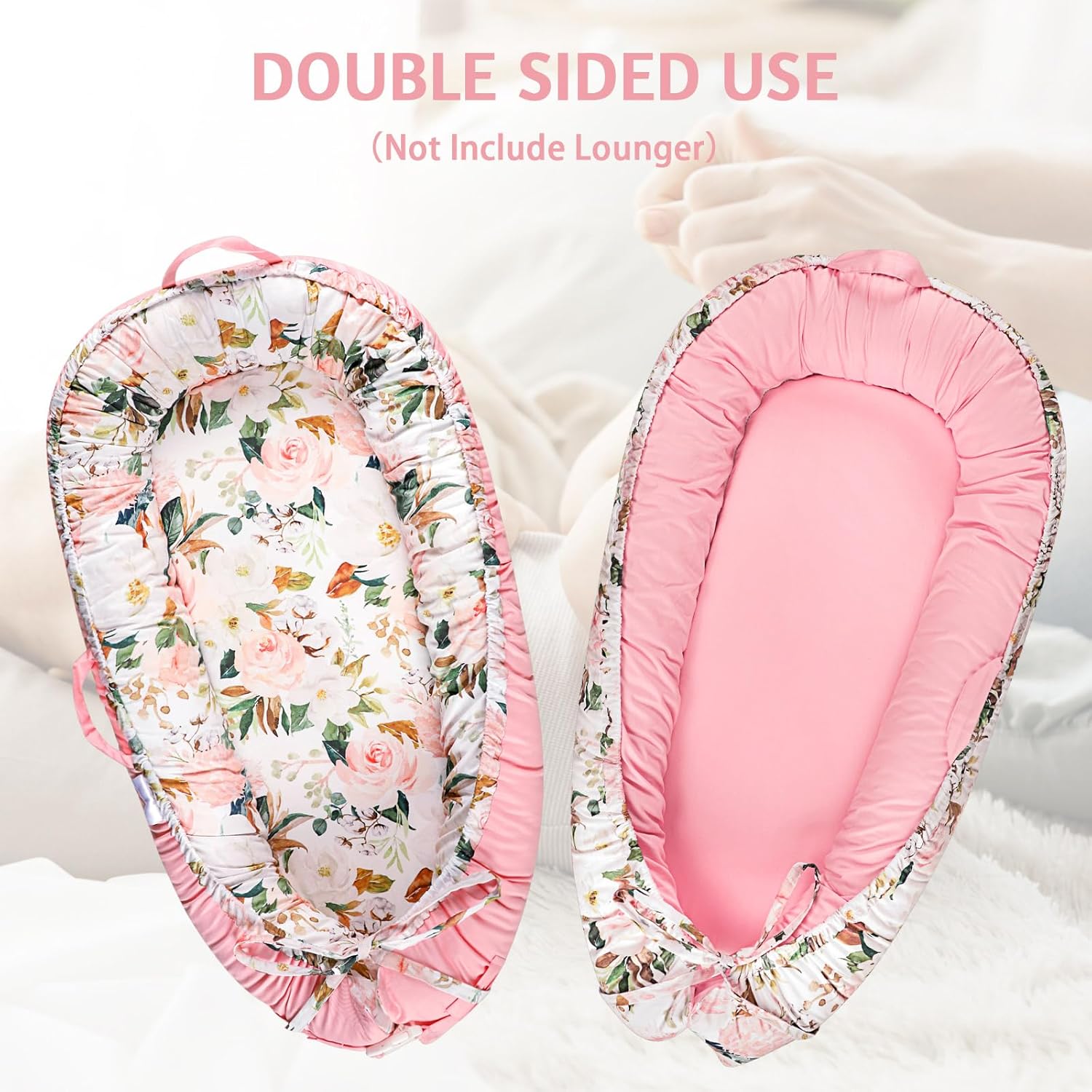 DILIMI Baby Lounger Cover, Cotton Baby Nest Replacement Cover for Girls Boys, Soft Breathable Reversible Newborn Lounger Cover, Pink Floral (Only Cover)