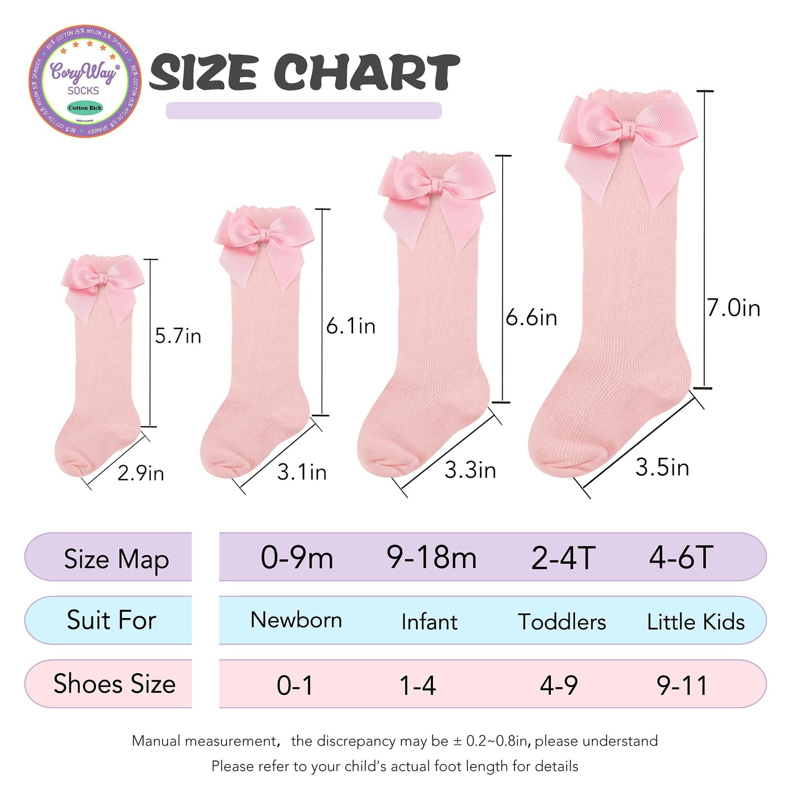 CozyWay Kniestrümpfe für Babys, Mädchen, 3/6er-Pack, Bogen, lange Strümpfe, Kleinkinder, Socken, Rüschen, Uniform, Schuluniform, Leggings