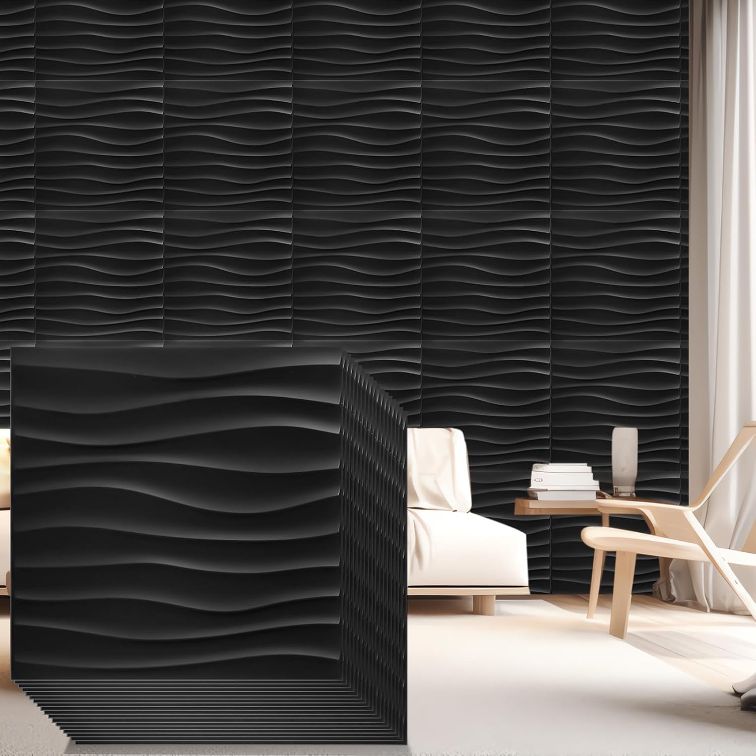 Nuanchu 48 Pcs 3D Wall Panels 12 x 12 Inch PVC Textured Wall Tiles Cuttable Glue up Modern DIY Accent Tiles Panels for Hotel Office Living Room Bathroom TV Background(Black)