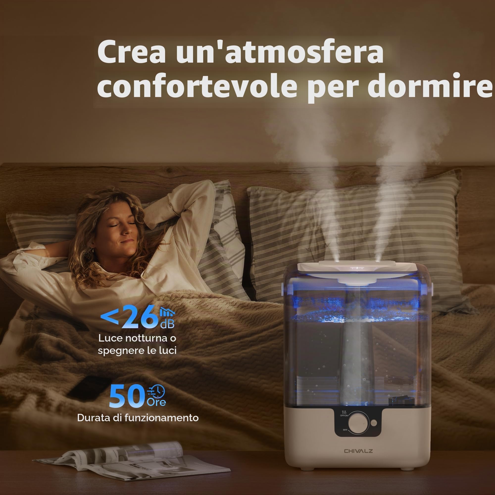 CHIVALZ Umidificatore Ambiente Bambini, 6L Umidificatore a Nebbia Fredda, 26dB Silenzioso per Camera da Letto e Bambini, Top-Fill Diffusore, Ugello a 360°, 50H Runtime, Luce Notturna, Bianco