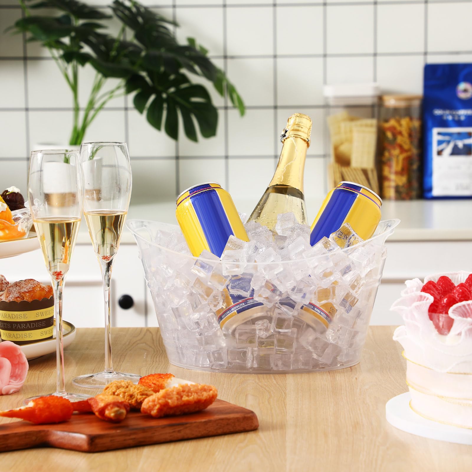 Geelin 12 cubos de hielo de plástico transparente para vino, champán, vino, cerveza, enfriador, fiestas, contenedor ovalado de almacenamiento con 3 cucharas de hielo para cóctel (transparente)
