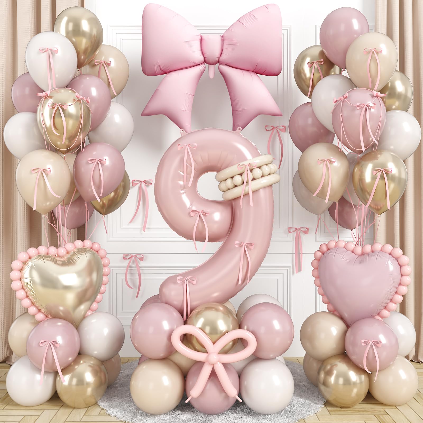 Light Pink 9 Balloon Number, Dusty Baby Pink Gold Sand White Latex Balloons 40 Inch 9th Birthday Decorations Balloons Bow Heart Foil Balloon for Girls Boho 9 Year Old Birthday Anniversary Party Decor — image 1