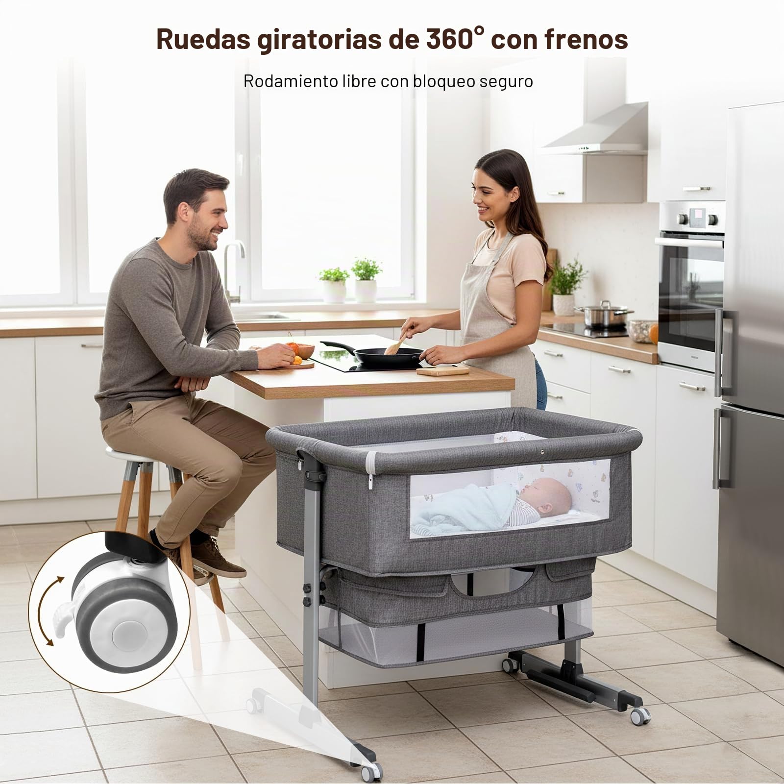 3 en 1 Cuna Colecho,Colecho Bebe Cuna con Colchón Blando y Mosquitera 6 Velocità Regolabile in Altezza e Inclinazione 4 Ruedas con Freno para Casa y Viaje Compatible con Diferentes Camas