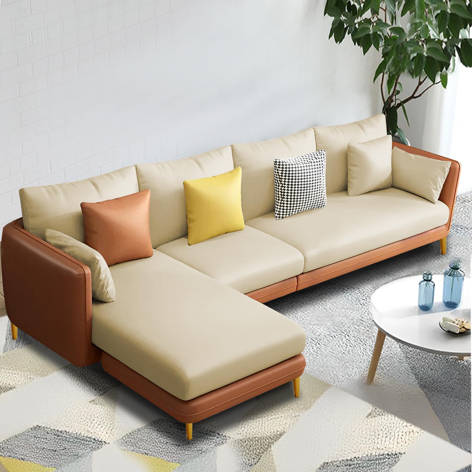 GRAPEWOOD Rhoads LHS 6-Seater L-Shape Sofa Set for Living Room – Premium Leatherette Fabric Sofa for Home, Office & Reception | Spacious, Stylish & Comfortable Design (Tan & Cream)-image-43