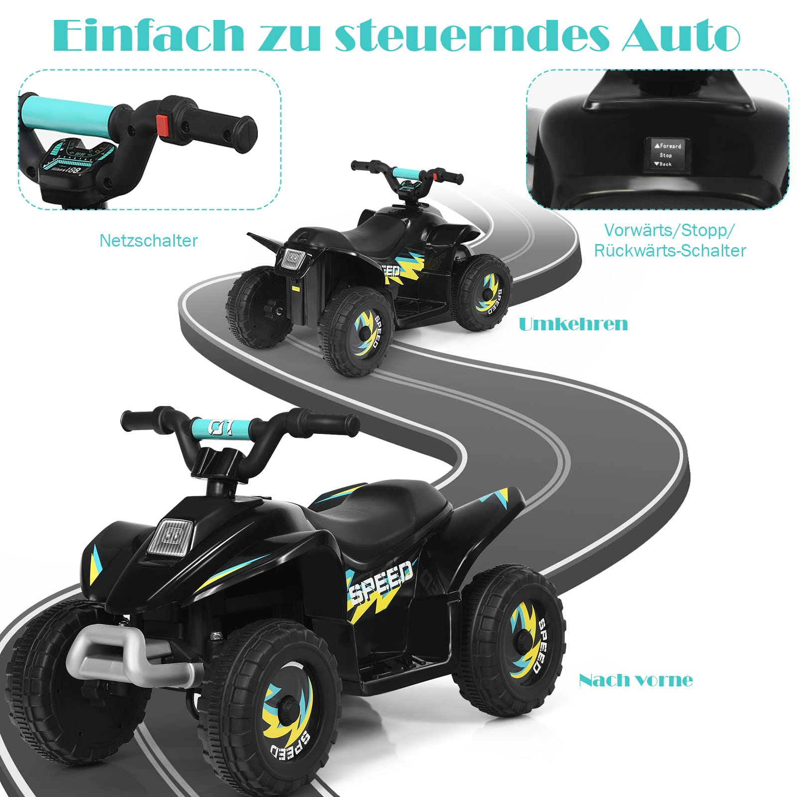 GOPLUS 6V Elektro Quad Kinder, Kinderfahrzeug mit Vor- und Rückwärtsschalter, Kinderquad mit bequemem Sitzplatz, Miniquad Kinderauto aus PP & Stahl, Elektro Motorrad für Kinder ab 3 Jahre (Schwarz)