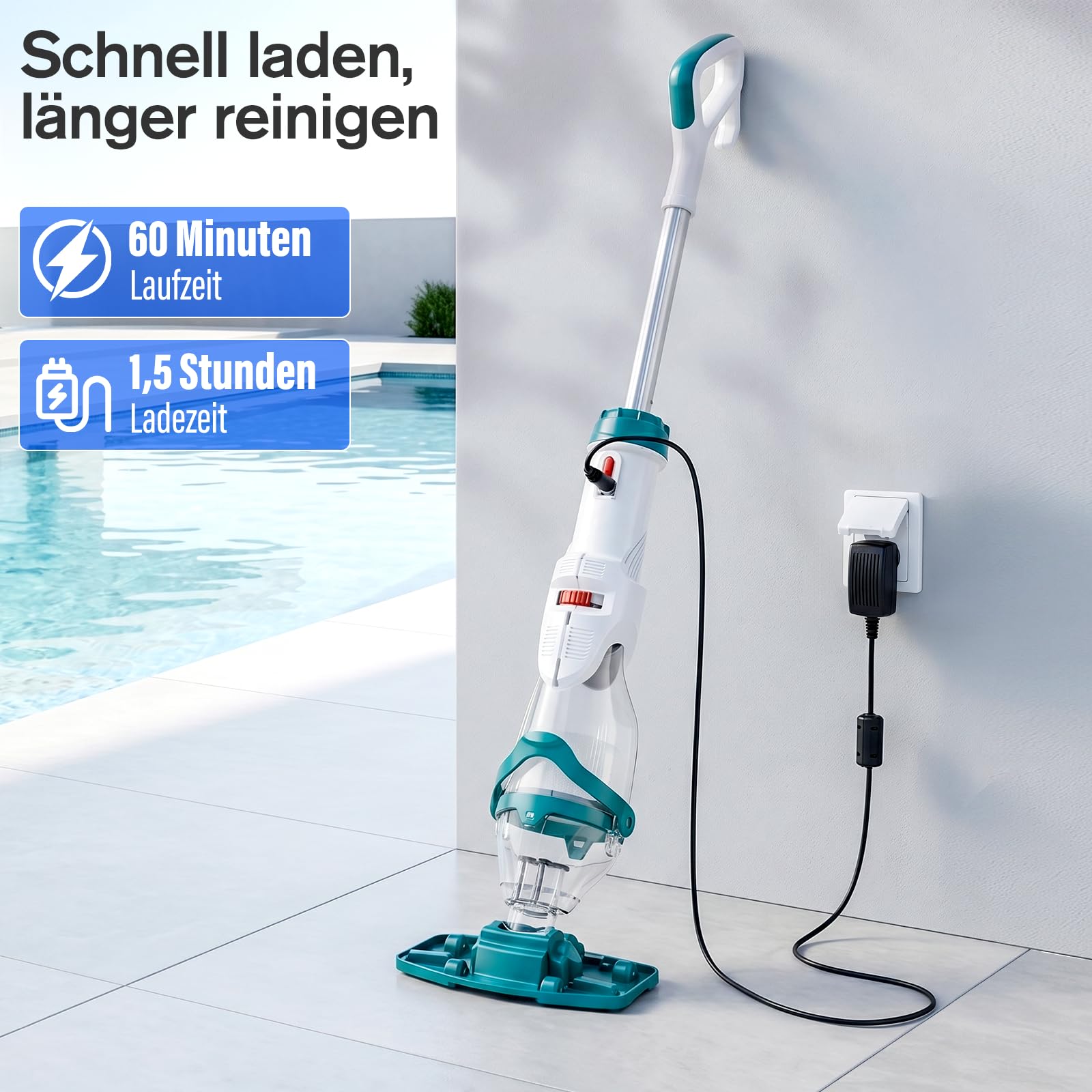 STARRYBOT Poolsauger Akku mit Teleskopstange, kabelloser Hand-Poolsauger mit 2 Reinigungsmodi, 72 l/min, 3 Filterbeutel, 60 Min Laufzeit, für Aufstellpool, Whirlpool & Spa, Blau