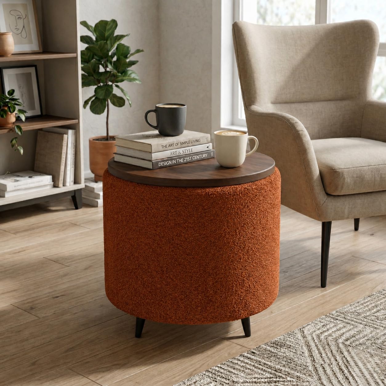 Modern Round Ottoman Storage Stool, Beige Fabric with Brown Top, White Fabric with Black Legs (Rust Orange)-image-25