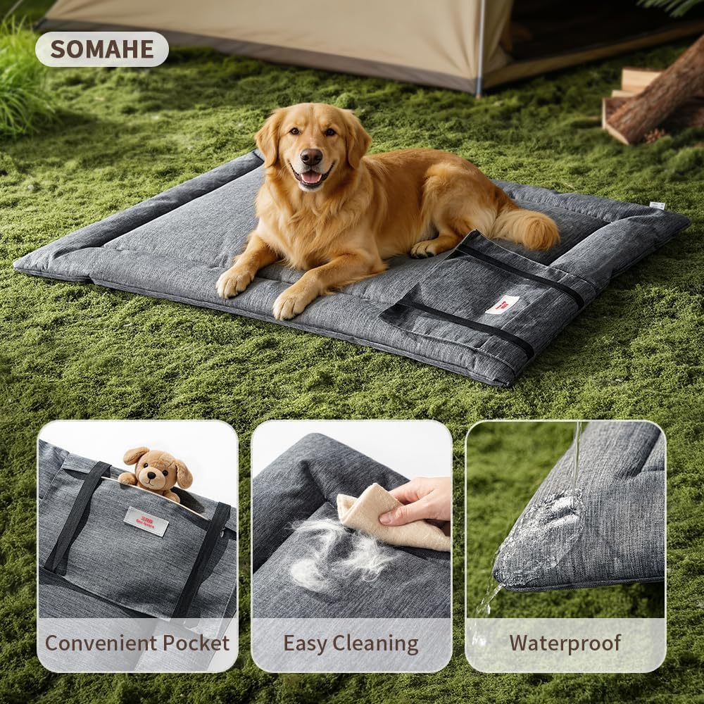 SOMAHE Travel Dog Bed, Waterproof Foldable Mat, 35x28 Dark Gray Black | Waterproof Oxford + Packable: 35x28 lightweight travel dog mat with carry handle, pocket, and washable care.