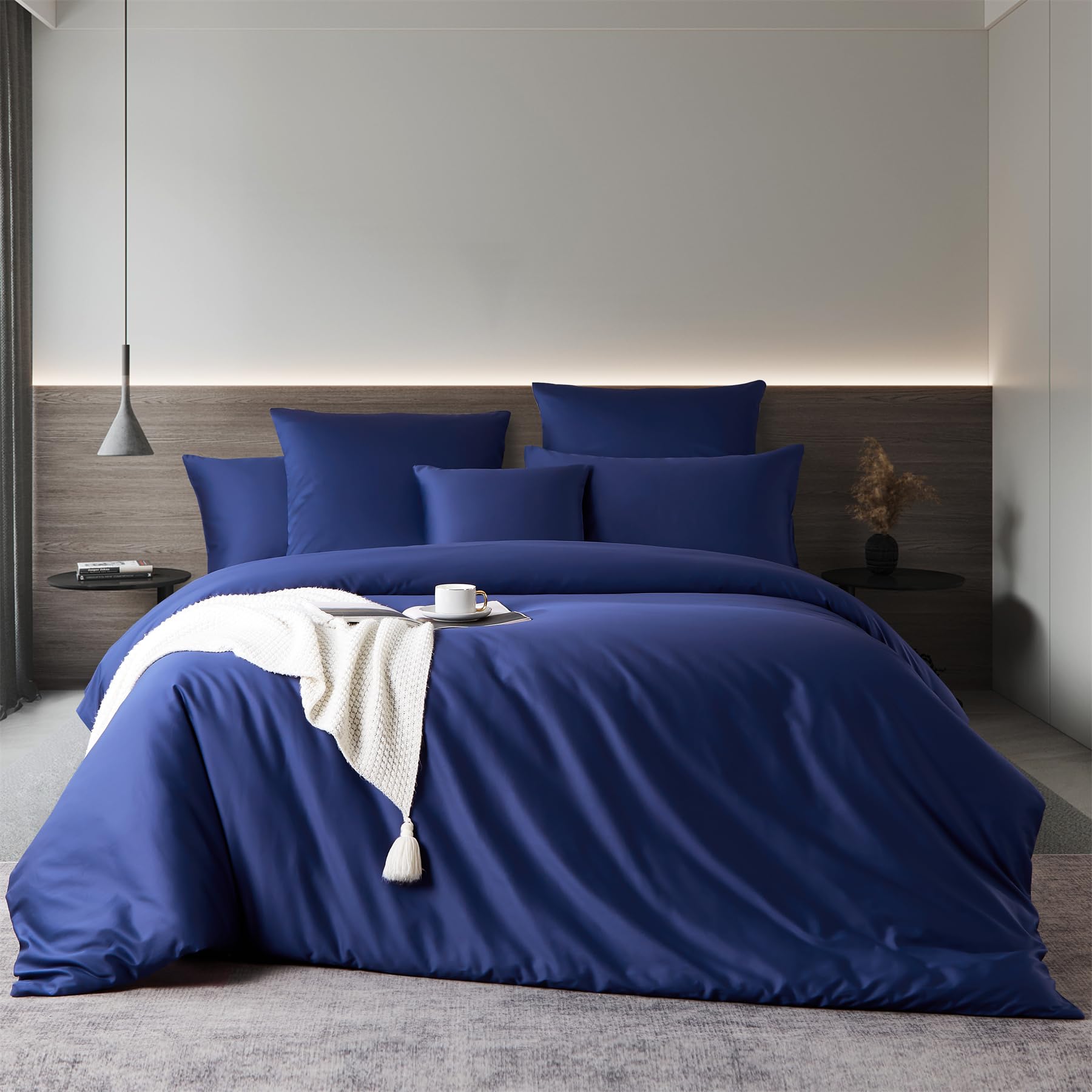 Gezu Mako Satin Bed Linen 155 x 220 cm Cotton Satin Duvet Cover Blue Navy 3-Piece Soft Breathable Bed Linen 100% Cotton Duvet Cover 155 x 220 cm and 2 Pillowcases 80 x 80 cm with Zip - Image 2