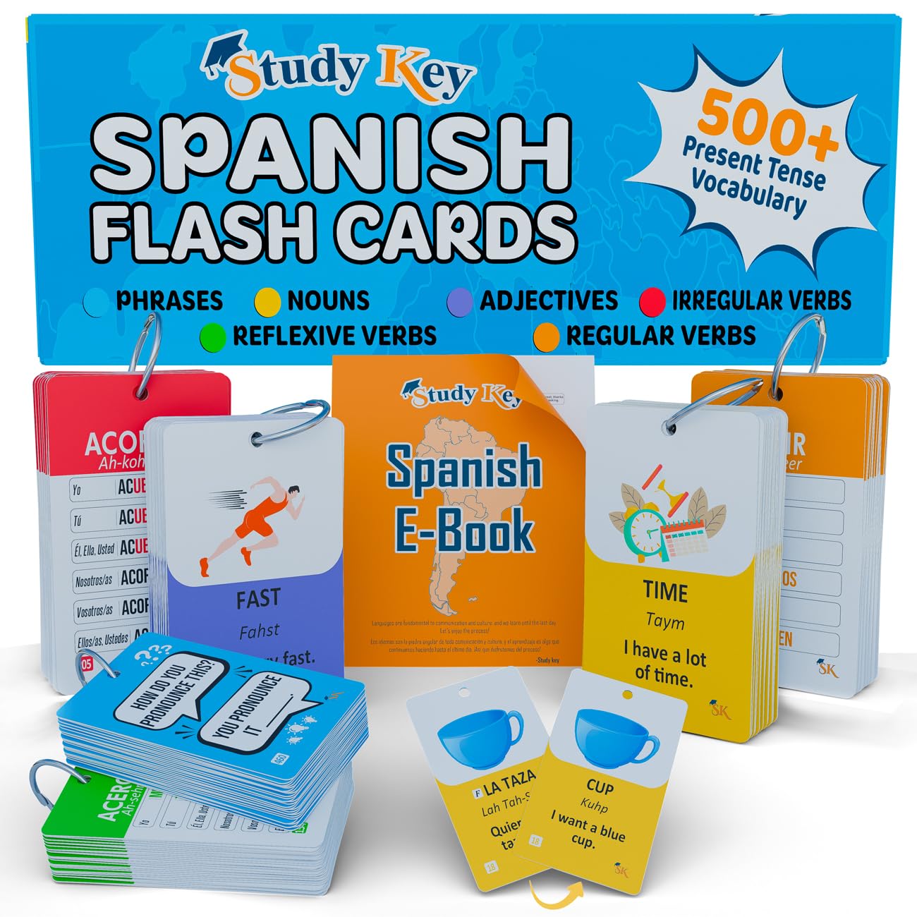 500+ Spanish Vocabulary Flash Cards for Adults & Kids Ages 15+ - Verb Conjugation, Nouns, Adjectives & Phrases to Learn Spanish for Adult Beginners Flashcards