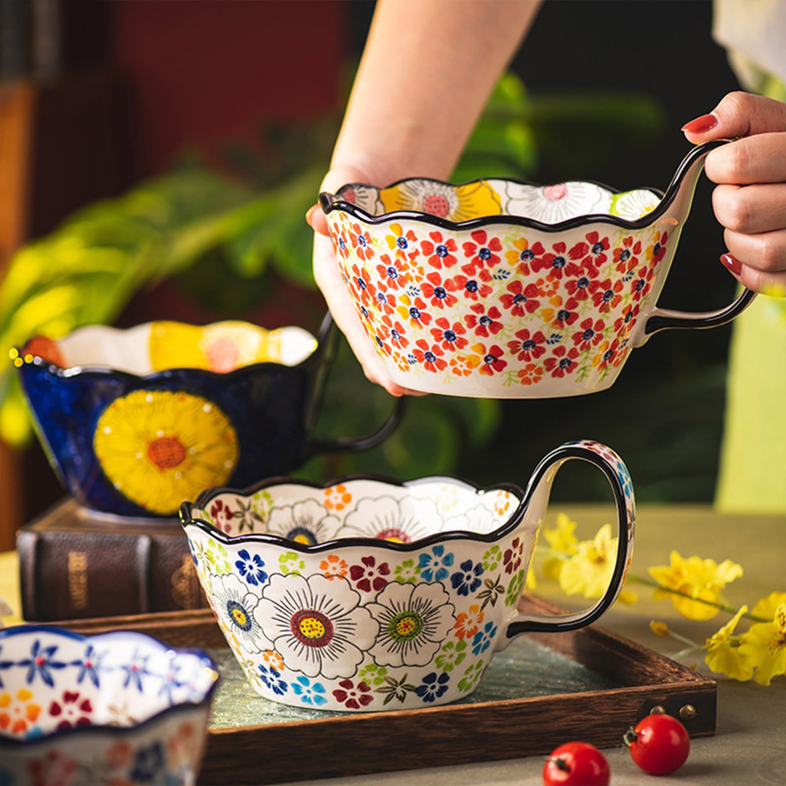 Grand bol à ramen en céramique de 1 000 ml, passe au micro-ondes, bol à soupe, grande tasse à soupe (fleur-A)