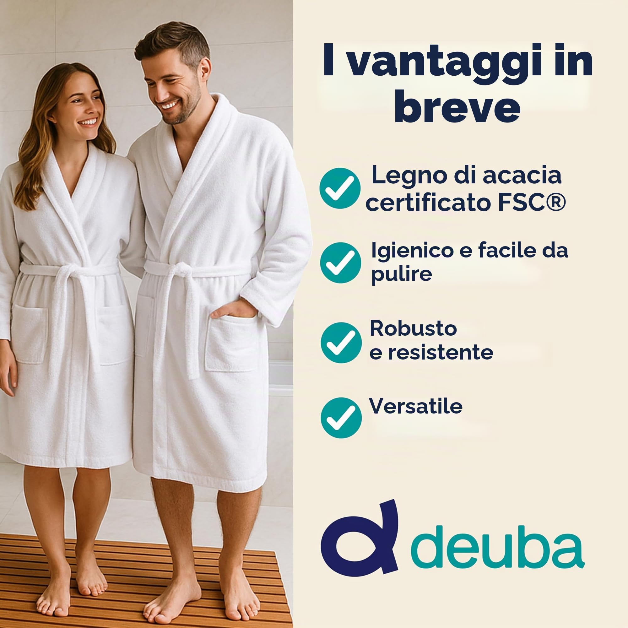 Deuba® Tappetino Bagno in Legno di Acacia Certificato FSC® 76 x 50cm Tappeto Doccia Gommini Antiscivolo Poggiapiediiedi
