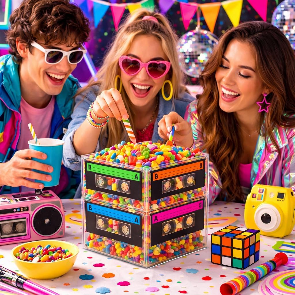Cassette Tape Bucket Centerpiece (8 Pack) 80s Party Supplies, 90's 80s Theme Birthday Party Decoration Cassette Tape Table Decor, Retro Hip Hop Pop Music Party for Adults & Kids