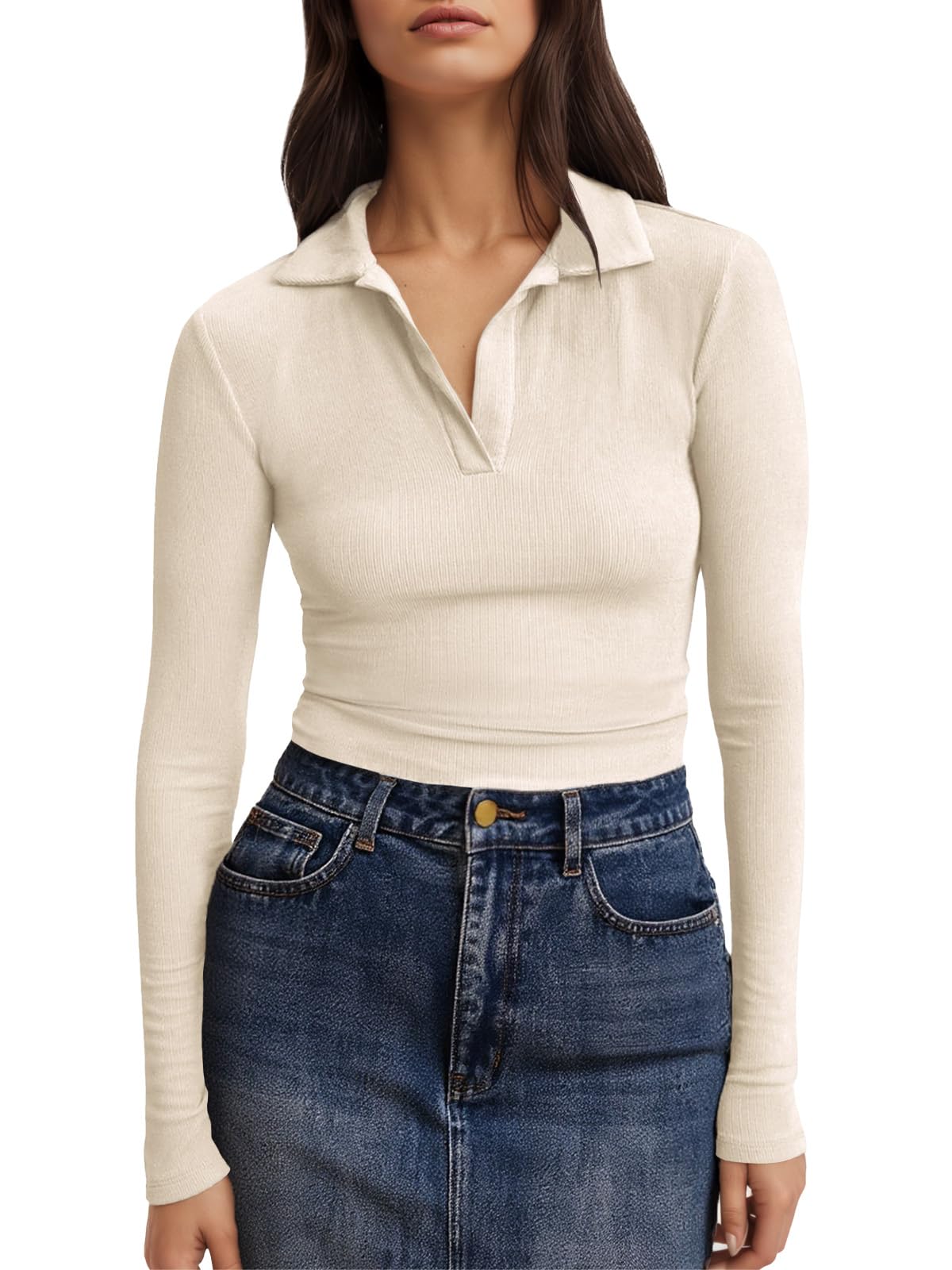 Tankaneo Womens Long Sleeve Polo Shirts V Neck Collared Work Shirt Slim Fit Ribbed Knit Basic Going Out Fall Tops