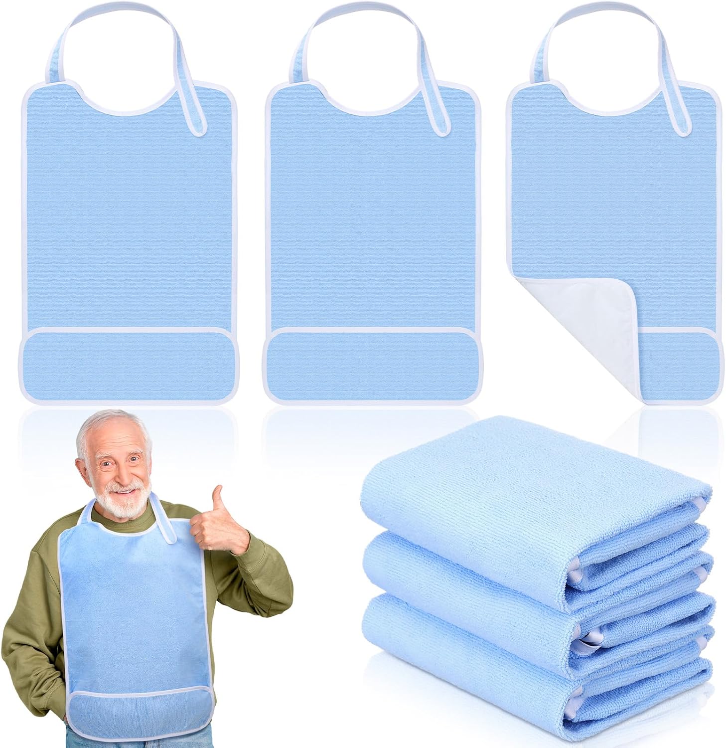 Threlaco 3 Pack Unisex Adults Bib for Seniors Elderly Women Men Waterproof Bib Eating Cloth Adjustable Reusable Clothing Protector with Crumb Catcher and Pocket for Disabled, Machine Washable, Blue
