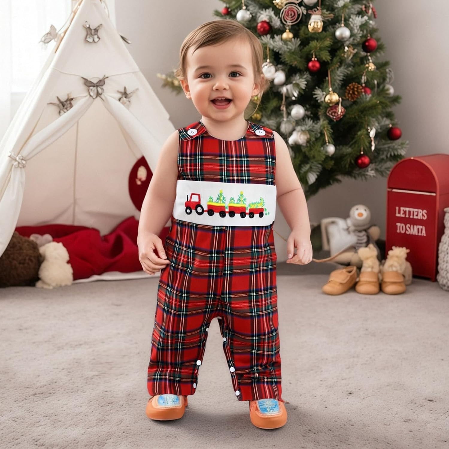 Newborn Baby Boy Christmas Outfit Tree Truck Candy Cane Sleeveless Overalls Jumpsuit One Piece Plaid Clothes - Image 7