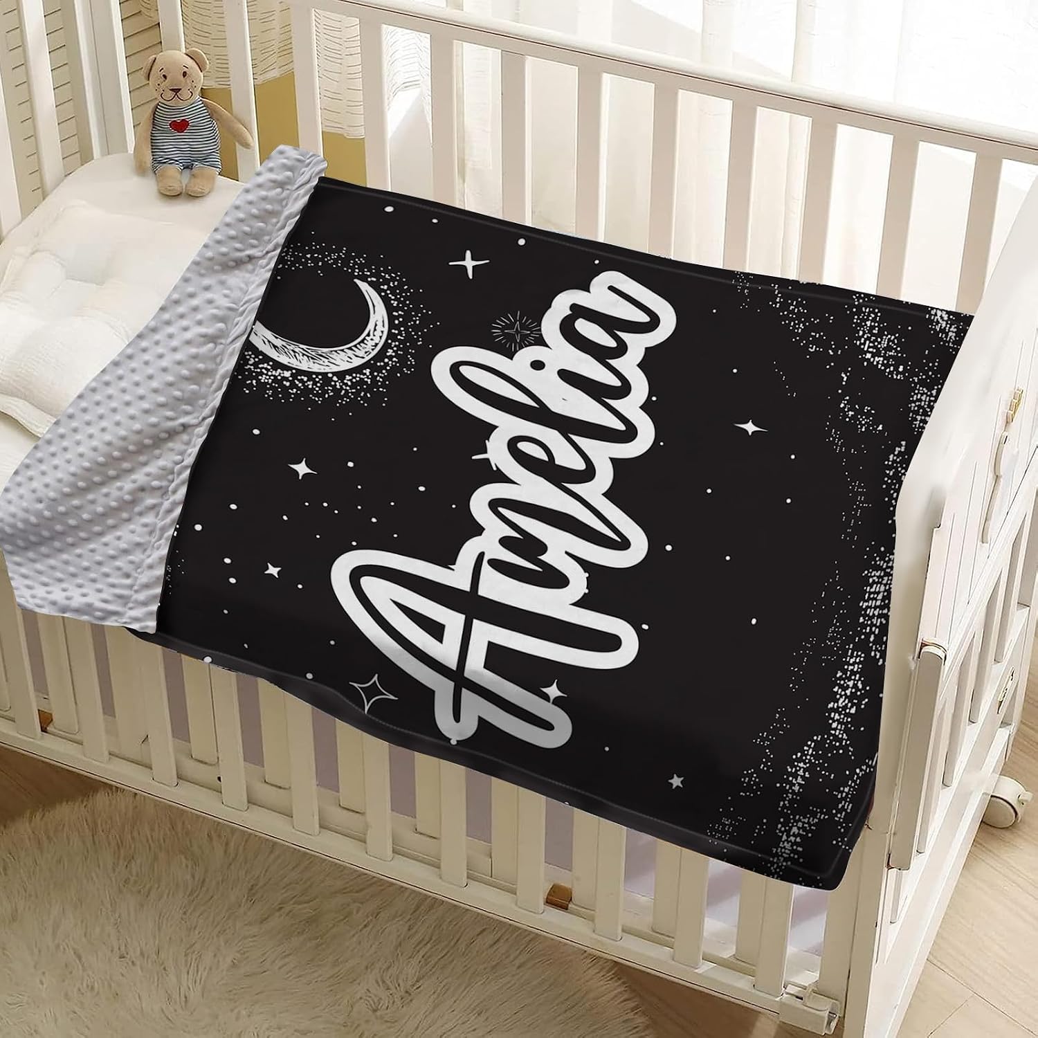 KAINSY Personalized Baby Blanket, Custom Baby Boy Blanket with Name, Double Layer Dotted Backing Receiving Swaddle Blanket, Customized Gift for New Parents Toddler Infant, Black Star & Moon(30"x40")