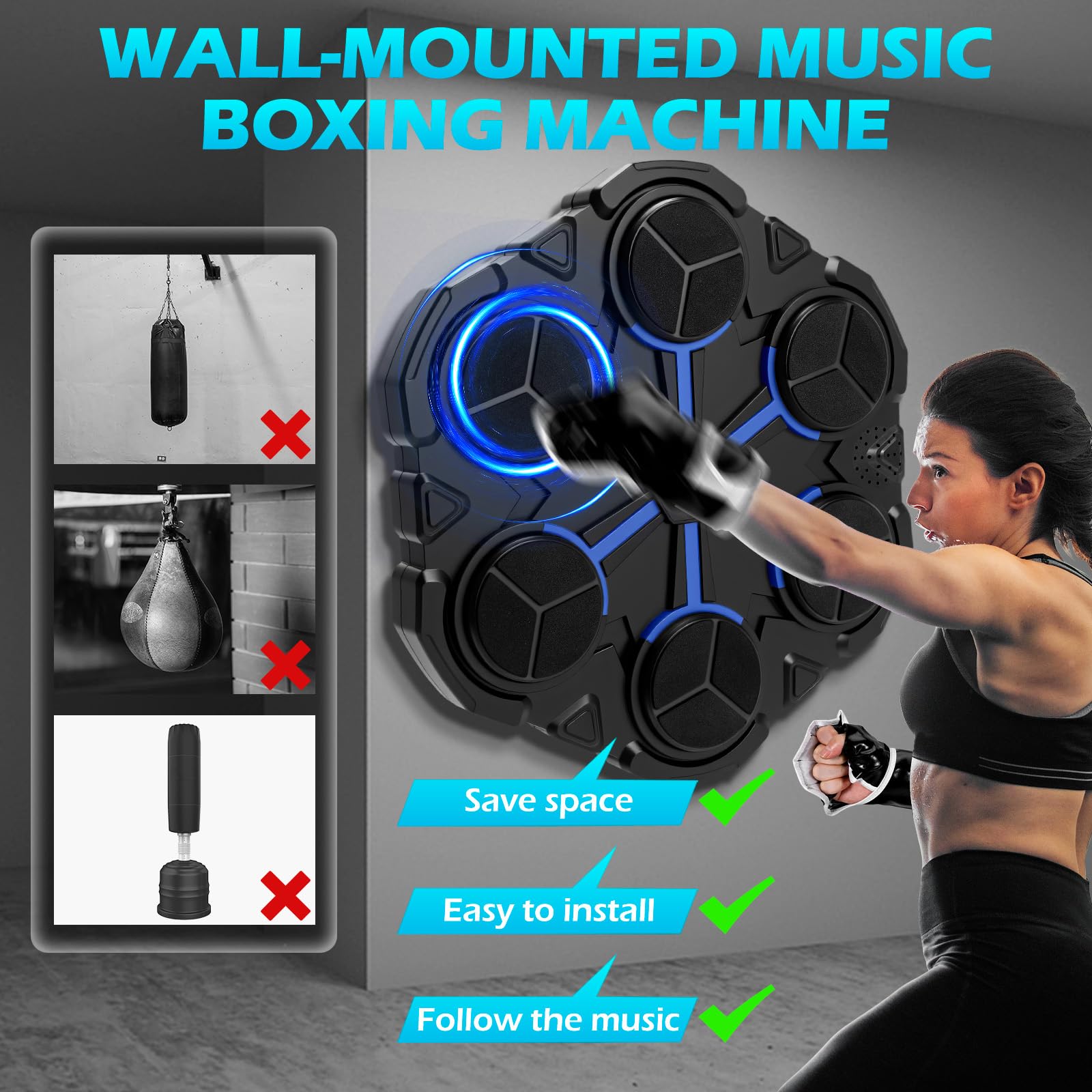 Music Boxing Machine, LED Elektronische Musik Boxmaschine mit Bluetooth, 9 Geschwindigkeitsmodi & 3 Zählmodus, Wandmontierte Boxmaschine mit Boxhandschuhen für Erwachsene & Kinder, Stress Release