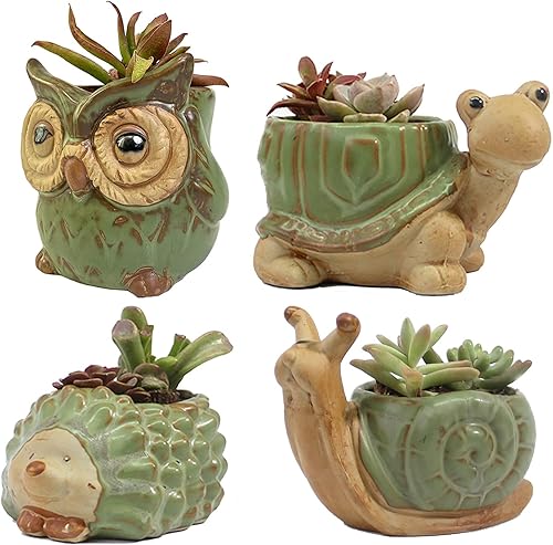 Maceta pequeña de cerámica para suculentas con drenaje, maceta para suculentas de animales, macetas de 4.4 pulgadas, para flores, cactus, mini