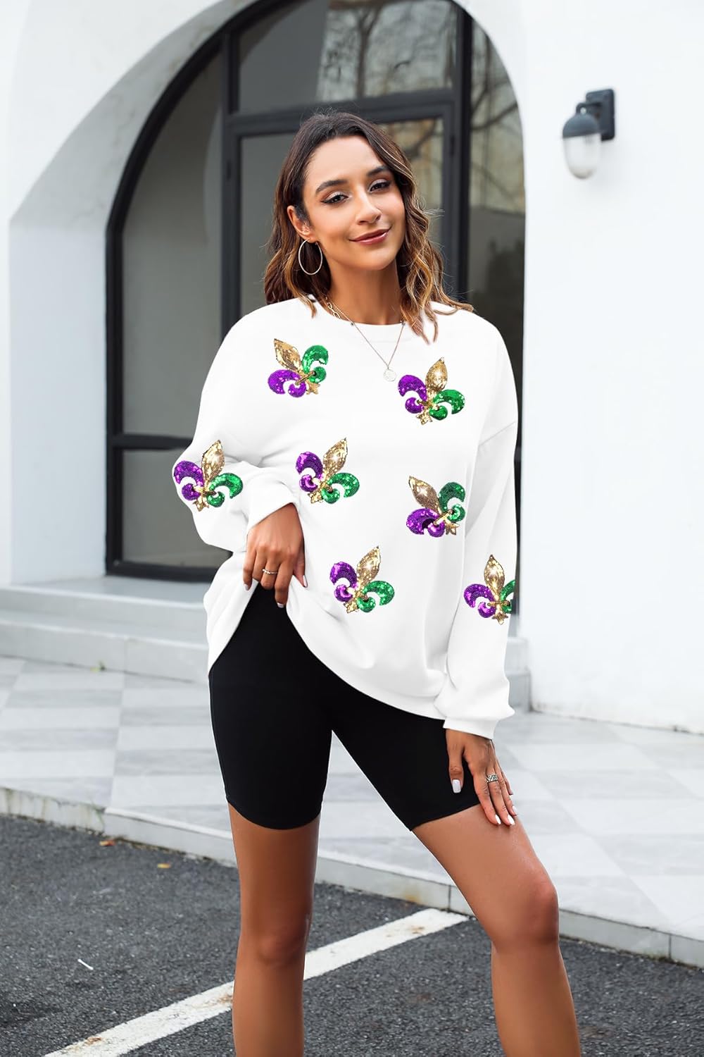 LUKYCILD Mardi Gras Sweatshirt Women Stripes Fat Tuesday Shirt Mask Graphic Carnival Long Sleeve Tee New Orleans Party Top - Image 2