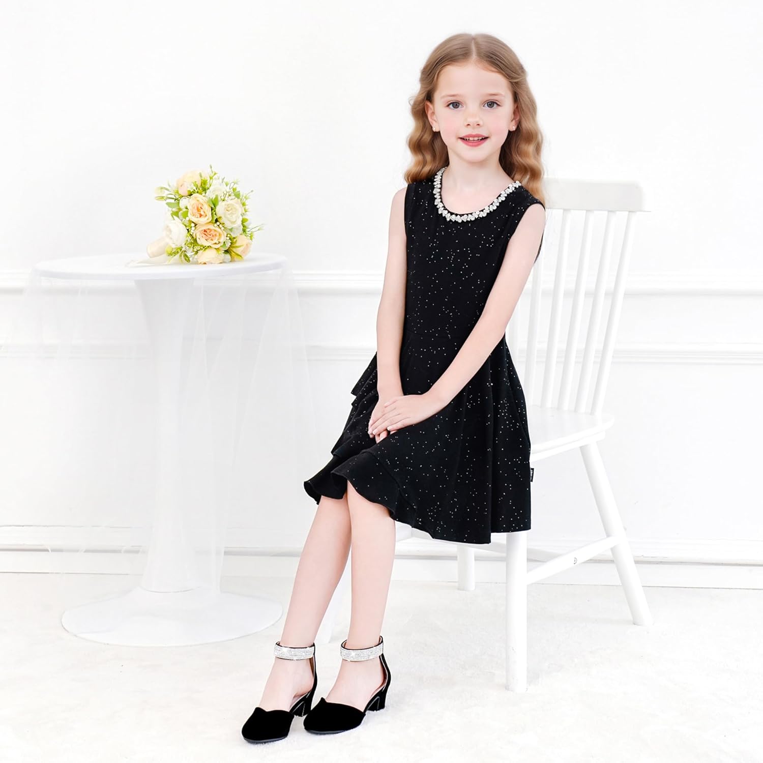 Girls Dress Shoes with Rhinestone Ankle Strap Closed Toe High Heels for Little Big Kids Wedding Party - Image 9