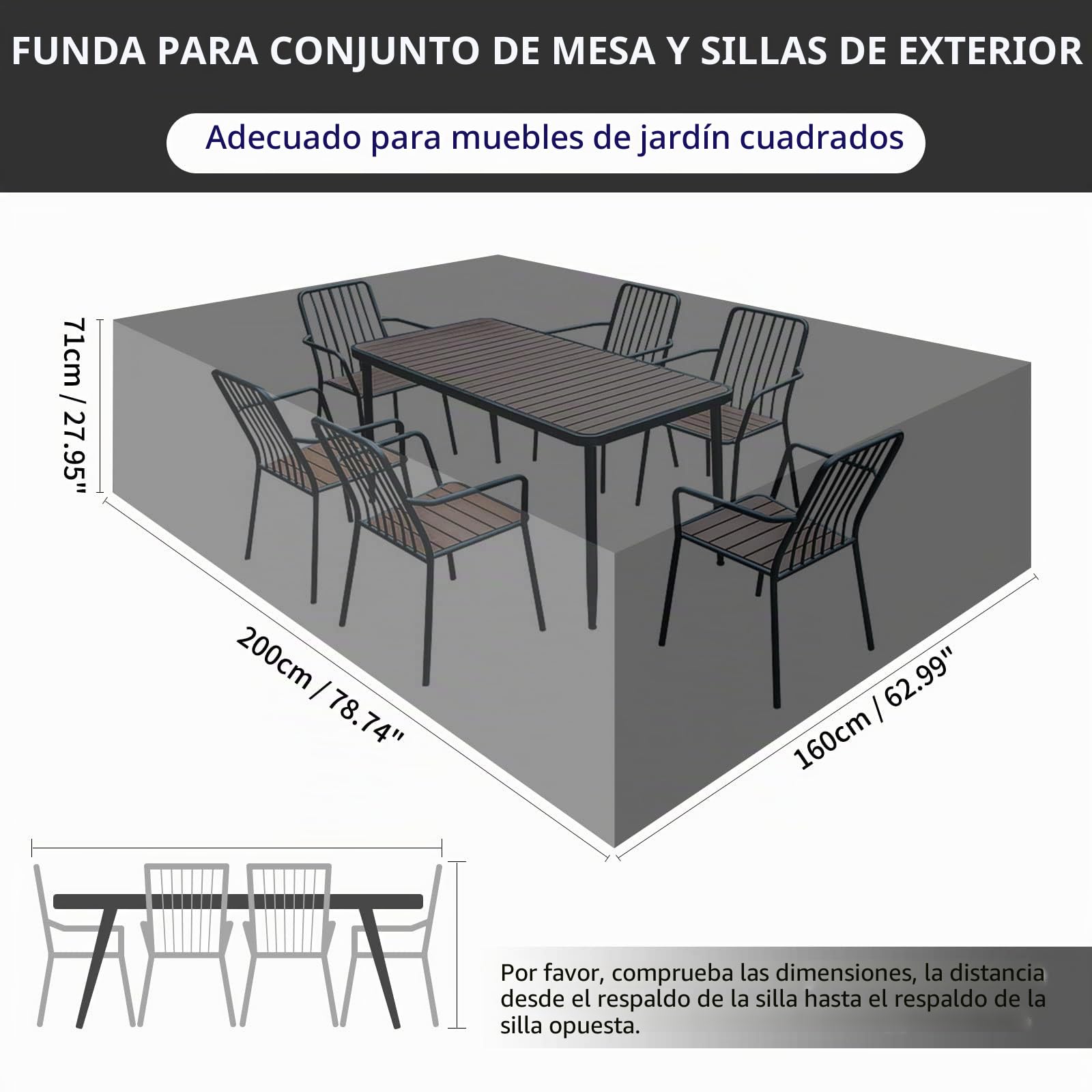 Juego de fundas rectangulares para muebles de jardín con ventilación de aire, tela Oxford 600D, resistente al agua, resistente al viento, 200 x 160 x 71 cm