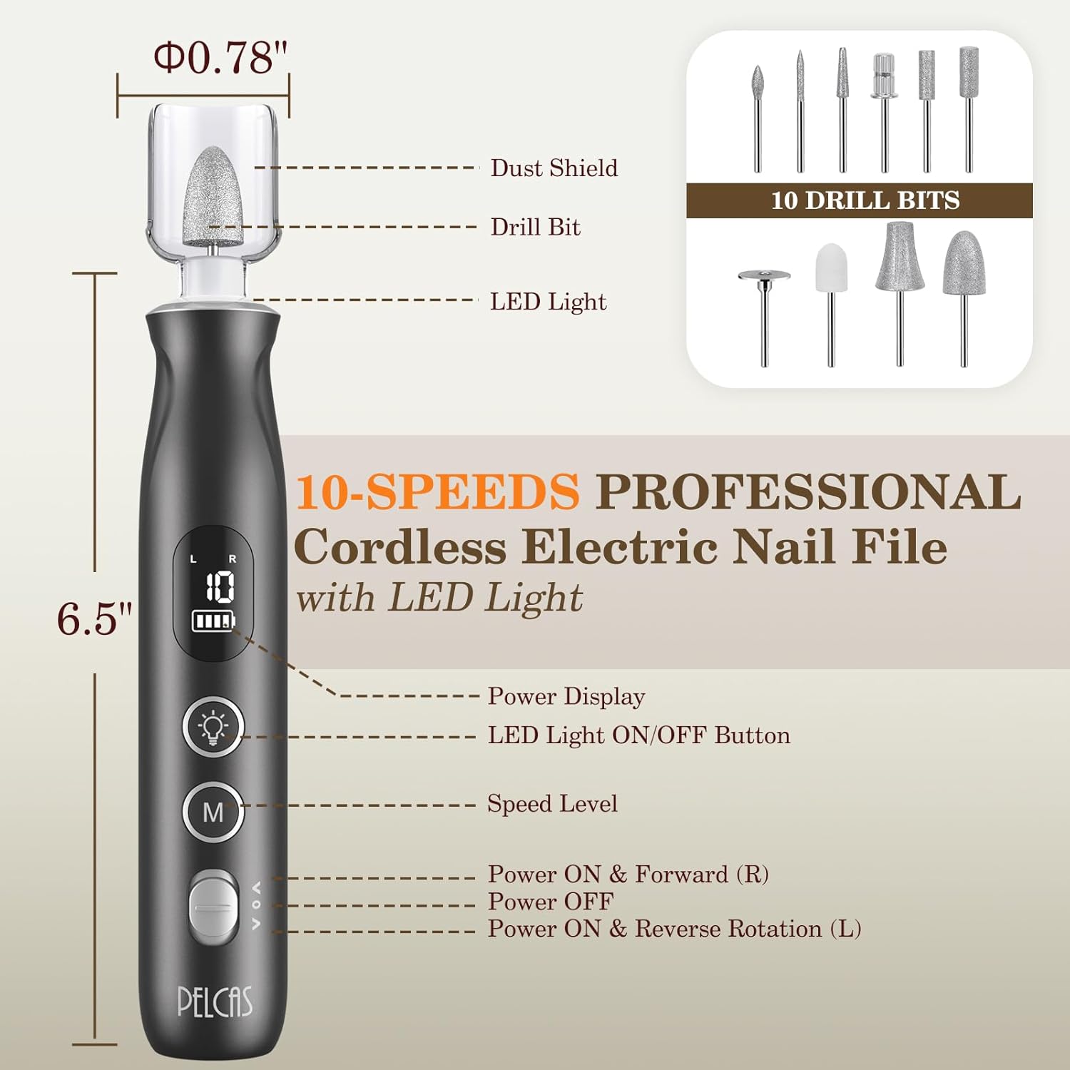 PELCAS Electric Nail Grinder, 10 Speeds Cordless Nail Drill with LED Light, Portable Manicure and Pedicure Kit, Nail File with LCD Screen for Human, Pet, Thick Toenails, Natural & Acrylic Nails Grey - Image 5