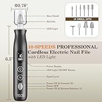 Vista 5 de PELCAS Limadora de Uñas Eléctrica, taladro de uñas inalámbrico de 10 velocidades con luz LED, kit portátil de manicura y pedicura, lima de uñas