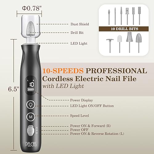 Miniatura 5 de PELCAS Molinillo de uñas eléctrico, taladro de uñas inalámbrico de 10 velocidades con luz LED, kit portátil de manicura y pedicura, lima de uñas con