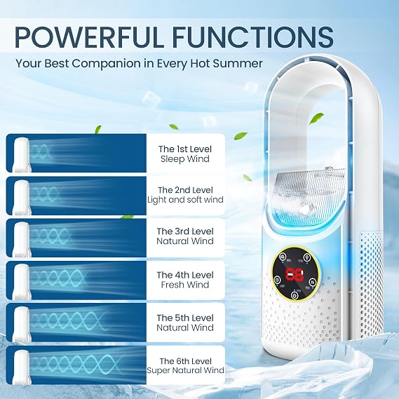 Blade-Free Silent Portable Air Conditioner,USB Personal Mini Air Conditioner with 6 Wind Speeds & 6 Timers Mini AC Unit Desktop Cooling Fan,Energy-Saving Evaporative Cooler for Home and Office (Blue) [Energy Class A]