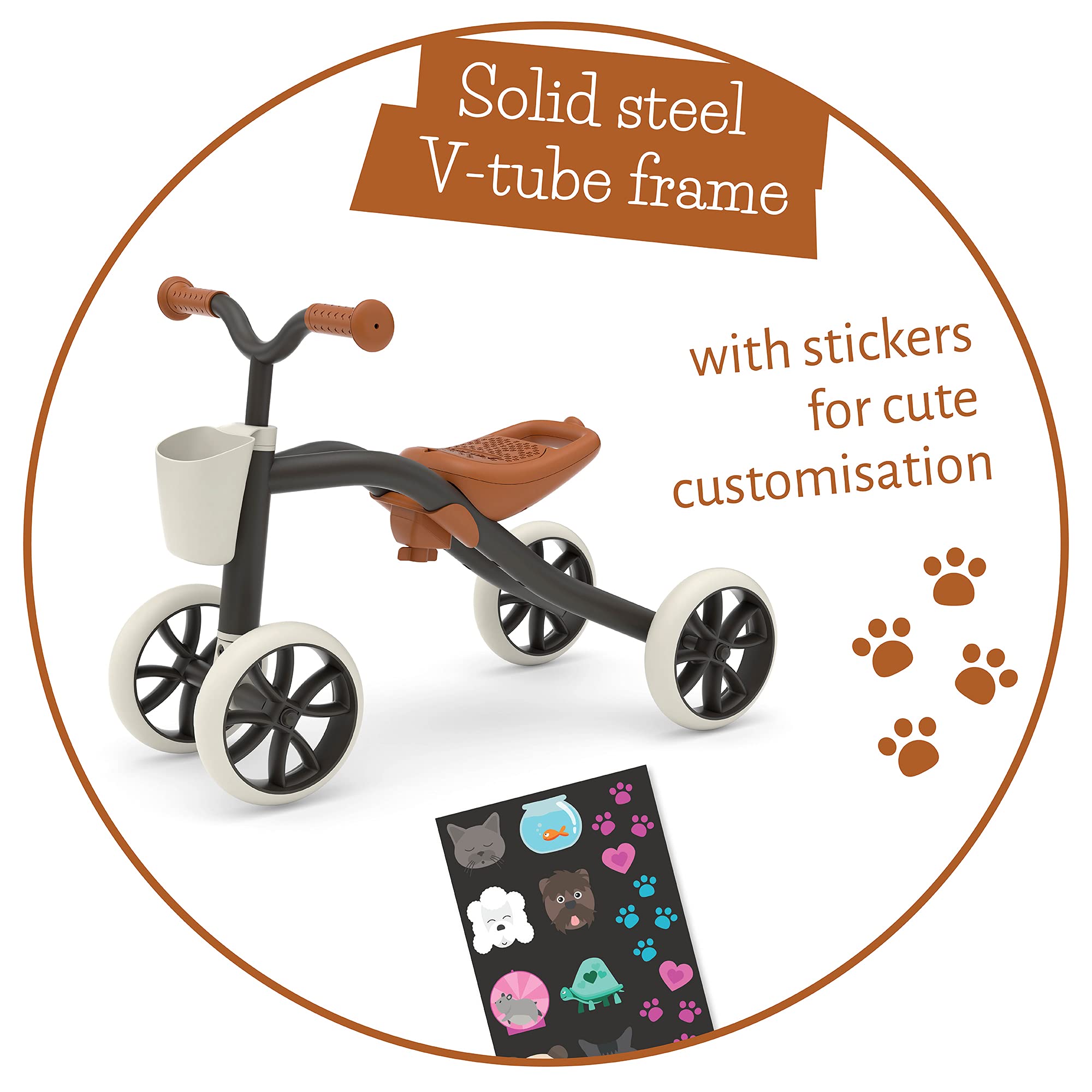 Chillafish Quadie Basket: Trotteur Bebe 4 Roues pour Les Enfants de 1 à 3 Ans, avec Un Panier à l'avant, siège réglable, poignée intégrée, Roues silencieuses Non marquantes, Noir