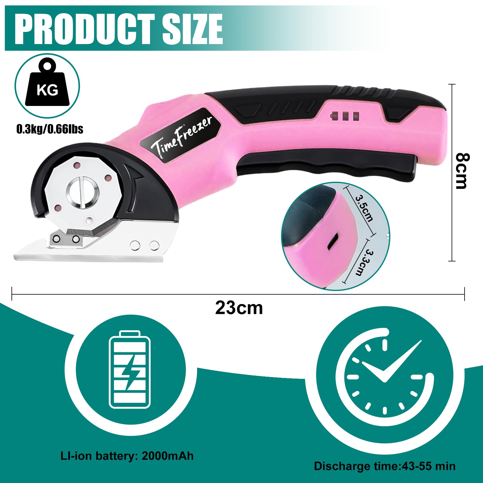 Cortador de cartón eléctrico, ancho 3,3 cm, longitud 23 cm, tijeras de cartón recargables adecuadas para parper, caja, cuero, tela, alfombra, ampolla de plástico, bloqueo de seguridad y luz LED (rosa)