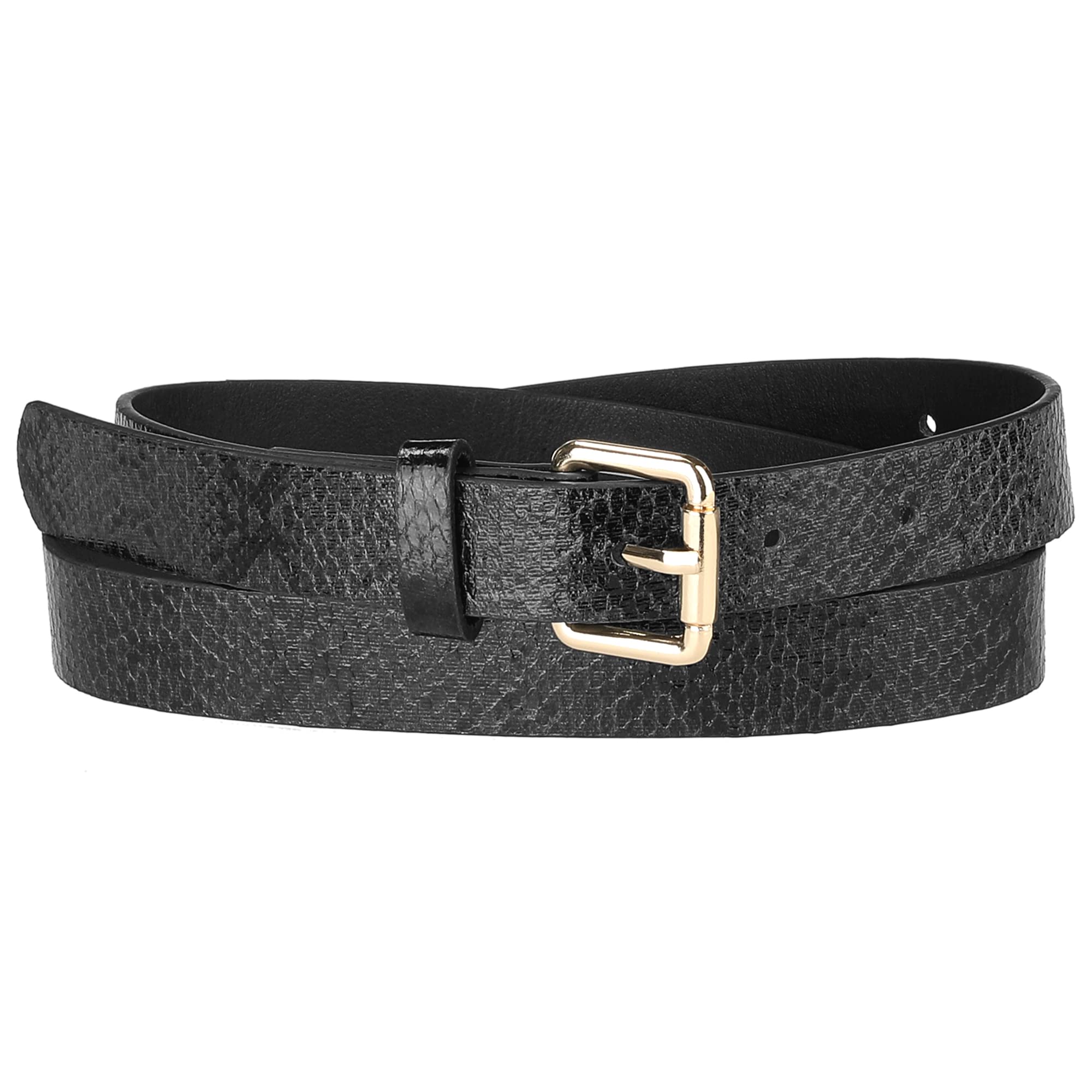 Elerevyo Women Slim Thin Waist Belt, Snakeskin Embossed Faux Leather Skinny Belts Waistband for Jeans Pants Black(with embossed) 74-89cm/29.13-35.04"