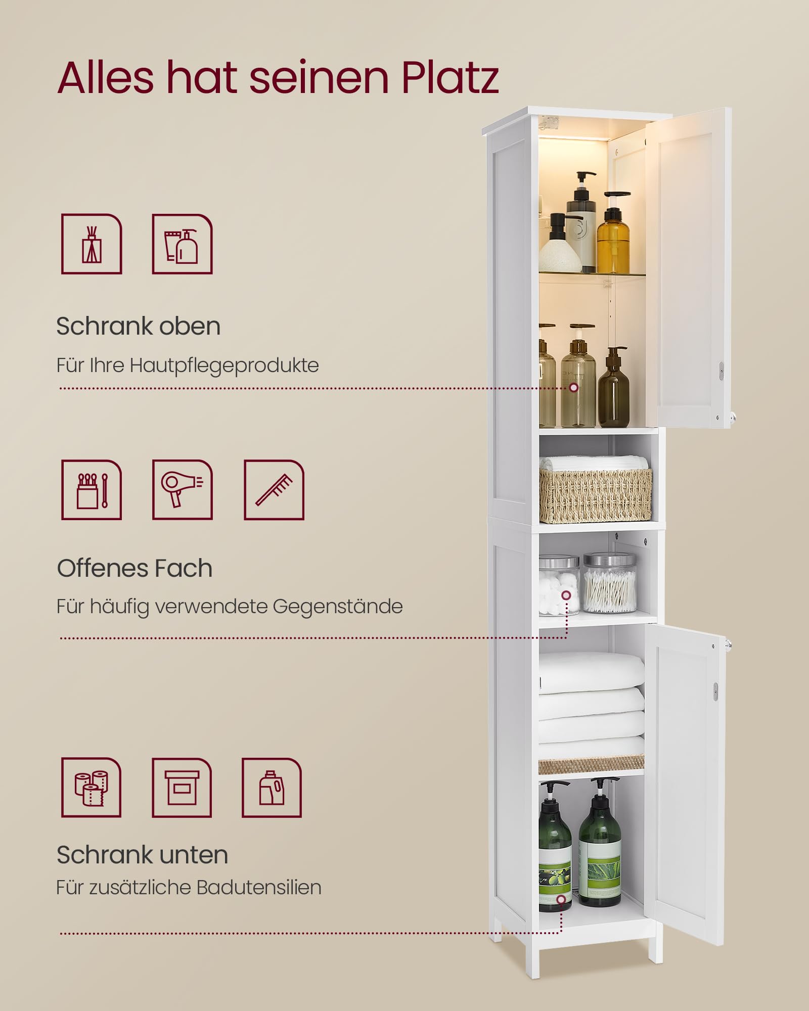VASAGLE Badezimmerschrank mit Beleuchtung, hoch, schlanker Badschrank, Aufbewahrungsschrank mit verstellbaren Ablagen, offene Fächer, für kleine Räume, wolkenweiß BBC566W03