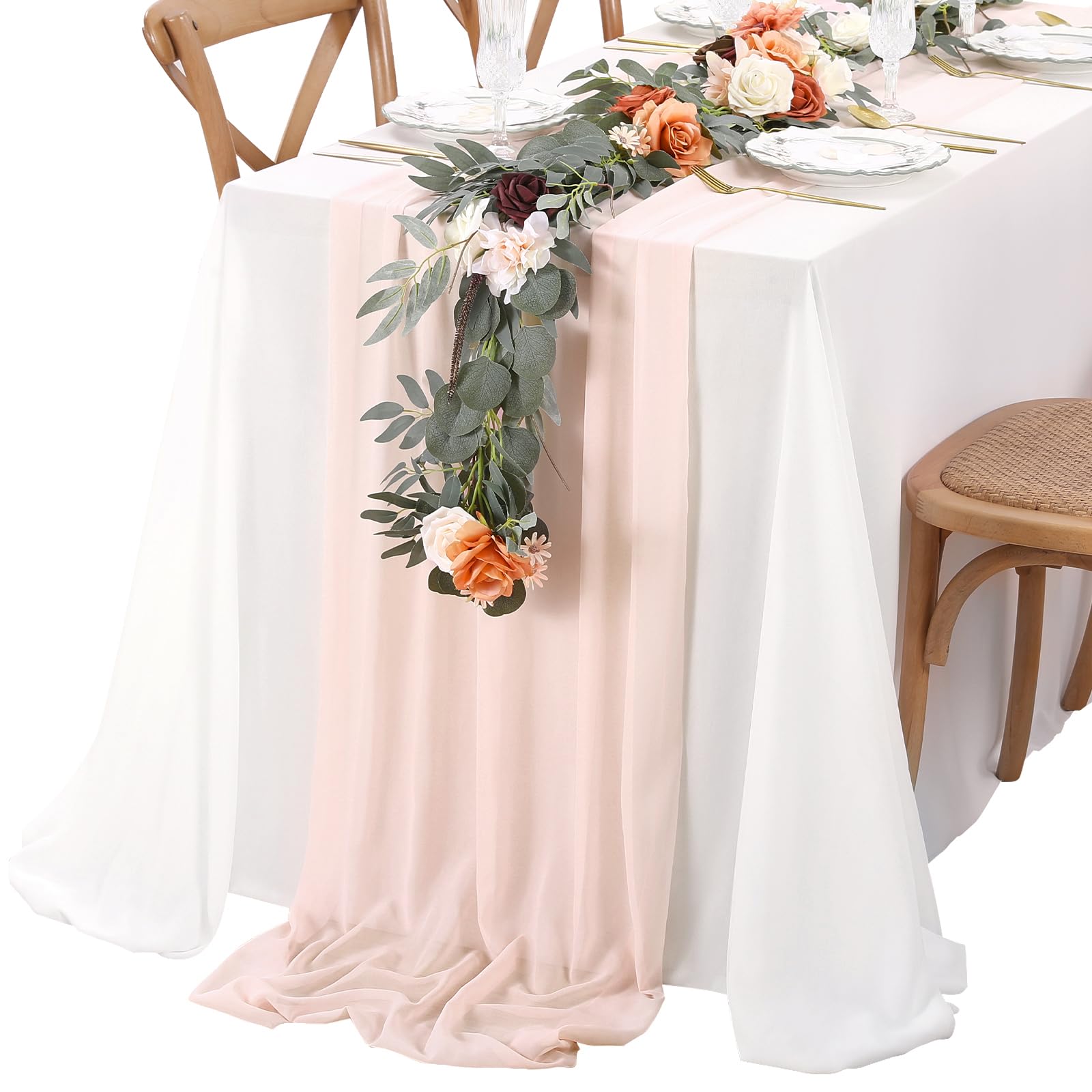 Lot de 2 chemins de table longs en mousseline de soie - 68,6 x 304,8 cm - Pêche clair
