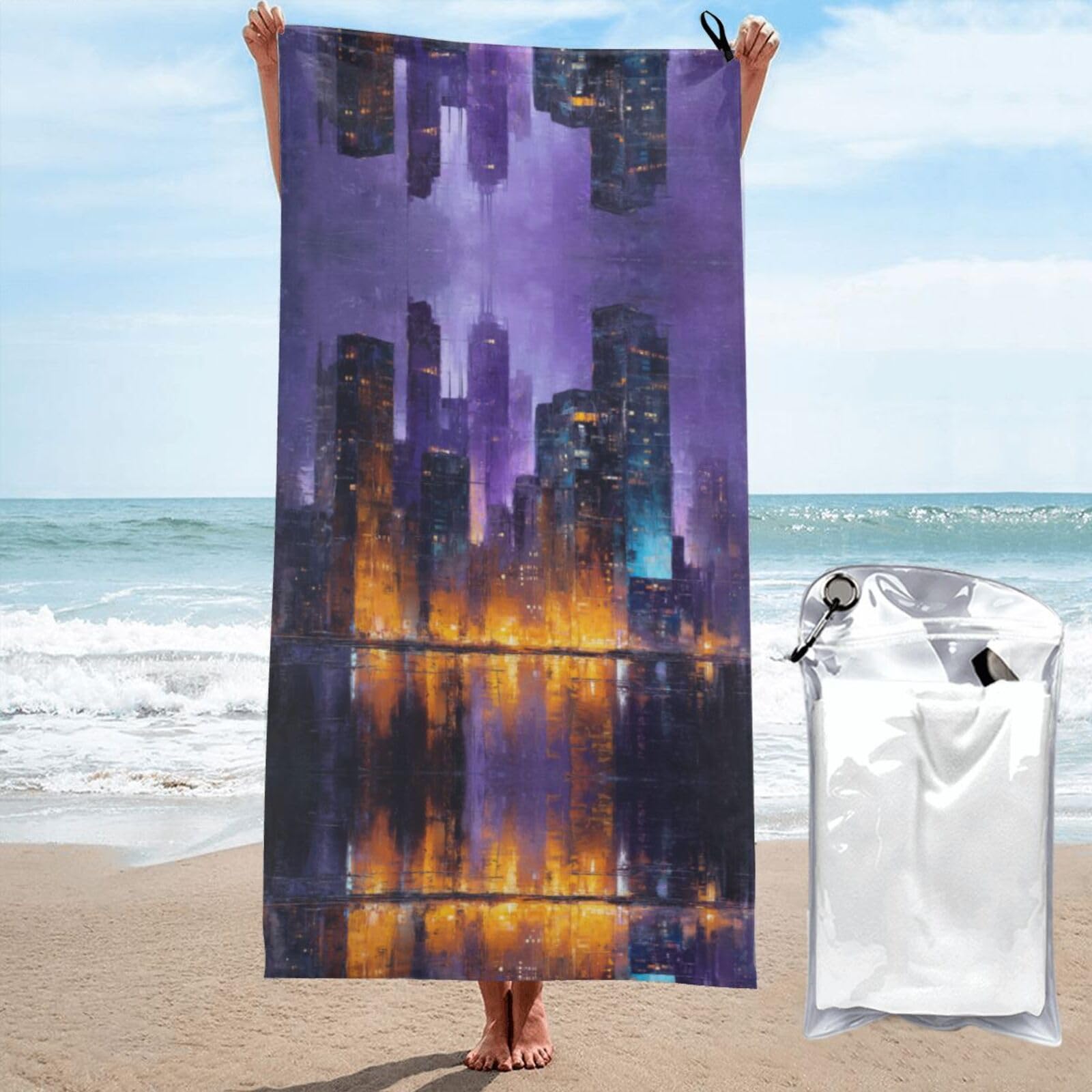 ESNAIUVCD Cityscape Print Beach Towel, Microfibre Sauna Towel, Quick-Drying Fitness Towel, Lightweight And Thin Portable Sauna Towel