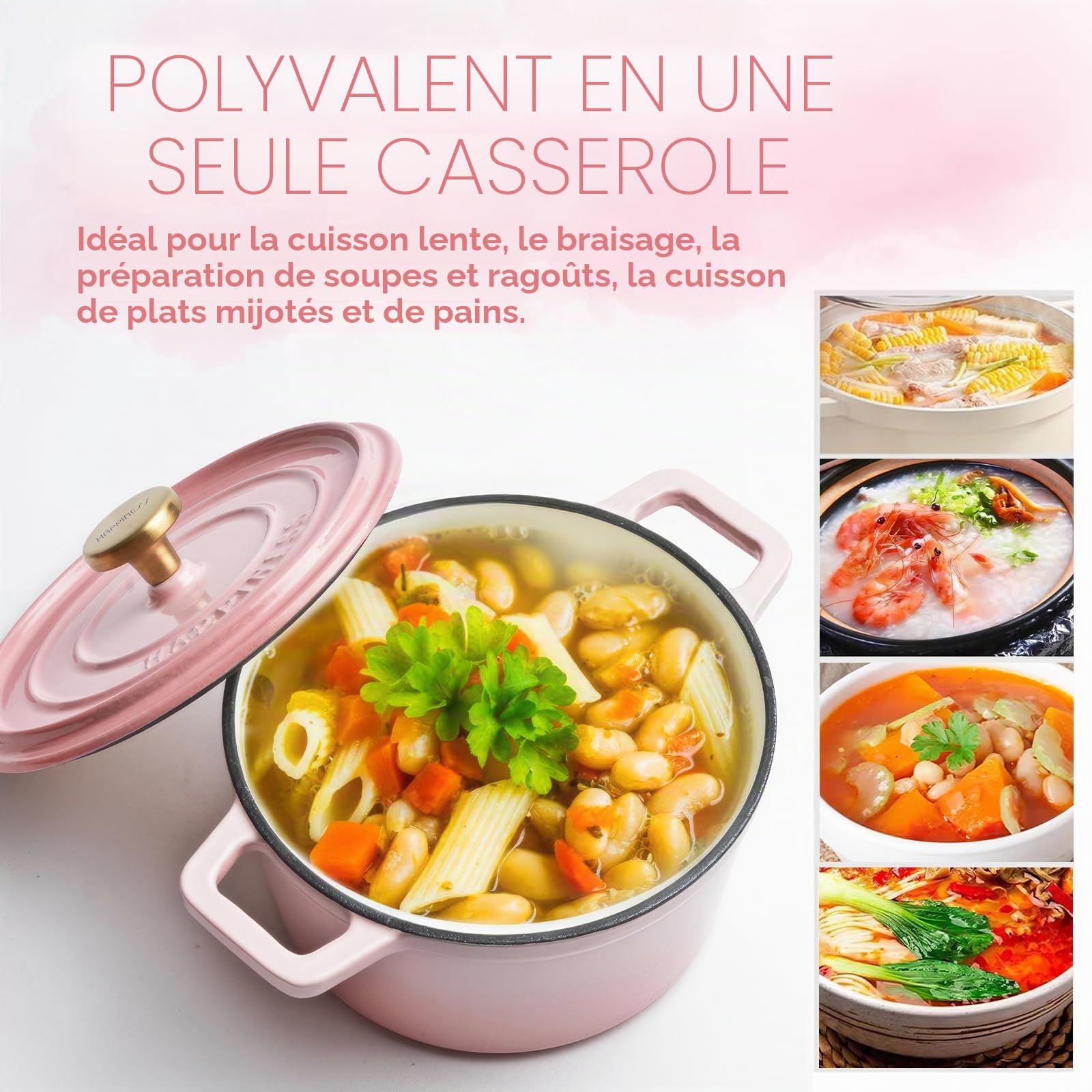 Cocotte en fonte émaillée antiadhésive avec couvercle et 2 poignées pour braiser les ragoûts, rôtir et cuire - Sans danger sur toutes les tables de cuisson (rose)