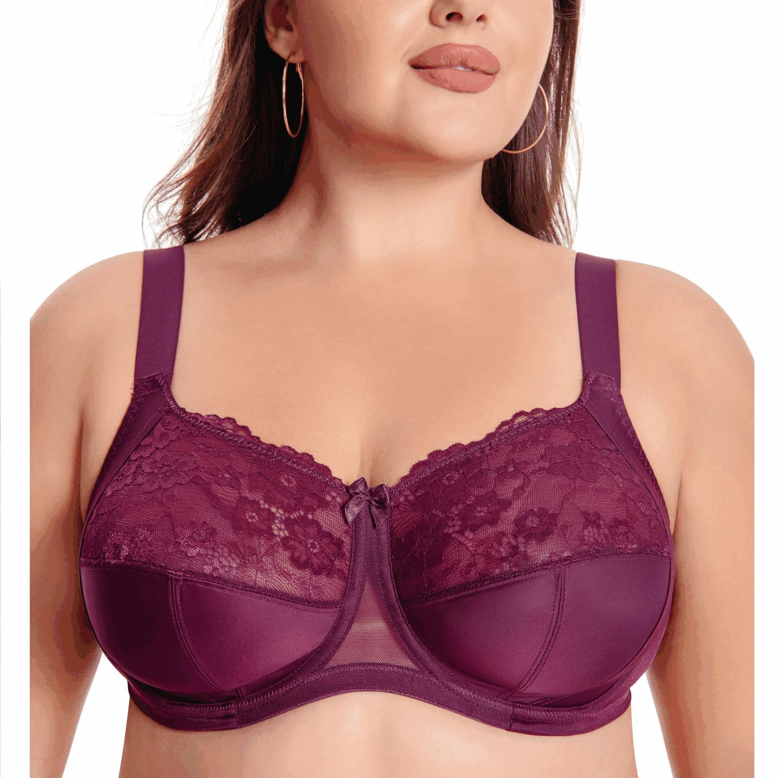 MissCurvaty Push Up Bra Comfort & Support. Three-Section Cup, Side Frame, Underwire Banded Stretch Lace Plus Size Bras