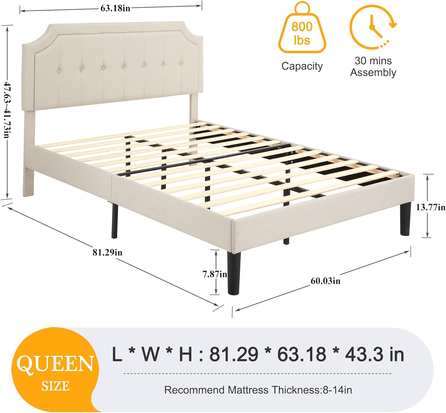 VECELO Queen Size Platform Bed Frame with Fabric Upholstered Headboard and Wooden Slats Support, No Box Spring Needed/Easy Assembly,Beige - Image 2