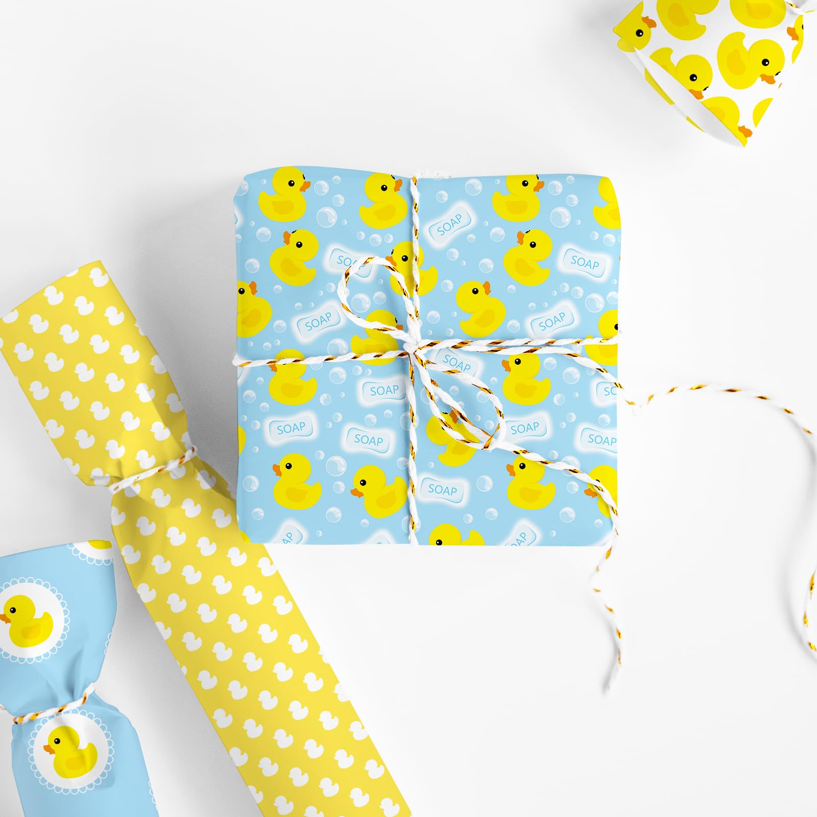 JarThenaAMCS 12 Blatt Gummi-Enten-Geschenkpapier – keine Rolle – Gelb / Blau Sommer Bubble Duck Geschenkpapier Kunstpapier für Weihnachten Geburtstag Babyparty Party Geschenk DIY Verpackungszubehör 50