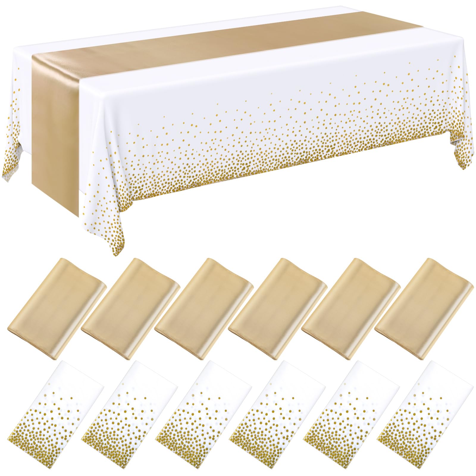 Tudomro 12 Pieces White and Gold Disposable Plastic Tablecloths and Satin Table Runner Set 54x108 Inch Tablecloth 12x108 Inch Table Runners for New