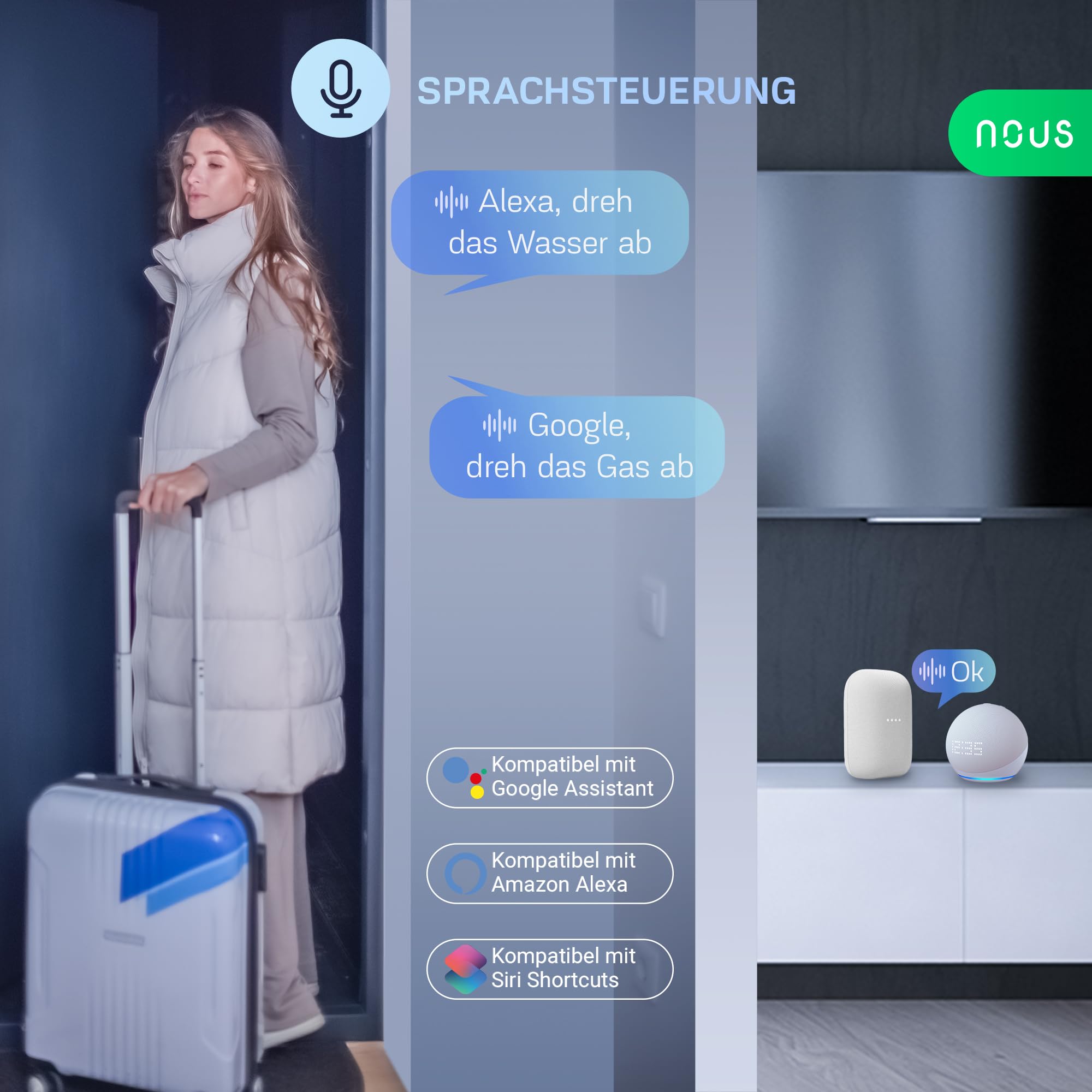 NOUS L3 Wifi Wasserventil elektrisch, Google Assistant, Amazon Alexa, Alexa kompatibel, NOUS Smart Home App, Life TUYA, Zeitschaltuhr Gartenbewässerung Smart, Wasserventil WLAN, Only 2.4 GHz WiFi Red