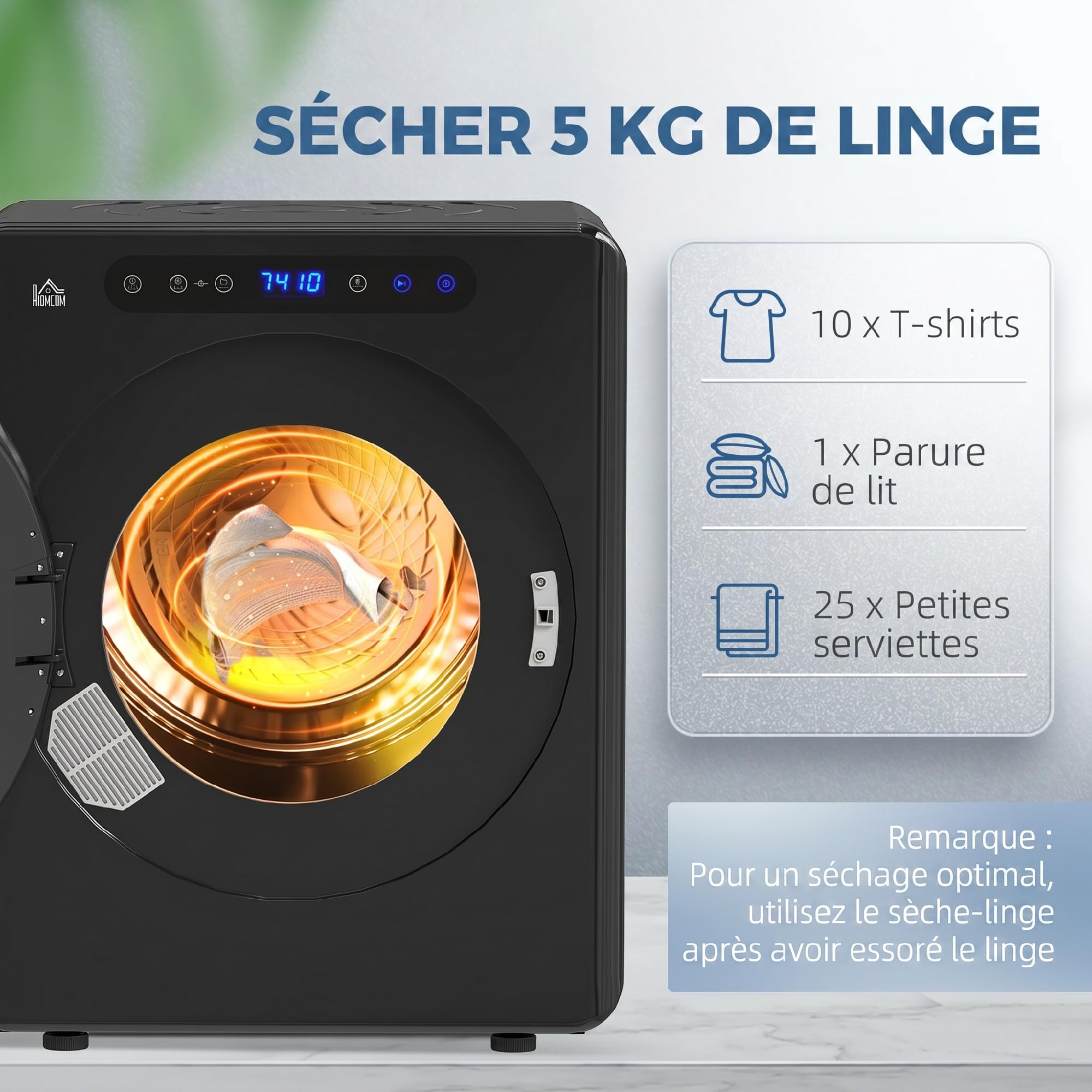 HOMCOM Sèche Linge à Évacuation Compact, Sèche-Linge Électrique 1000W, 3kg, Modes Extra Dry et ECO, Cuve en Acier Inoxydable, Charge Frontale, Noir