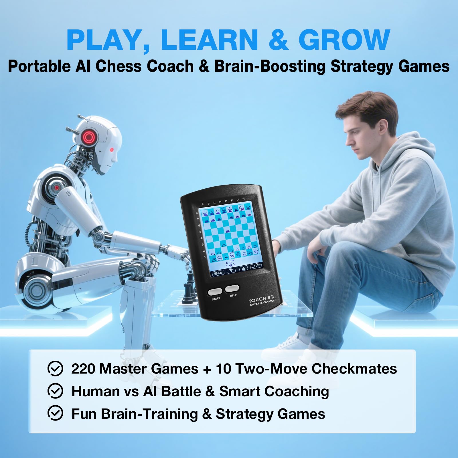Scacchiera elettronica portatile, 8 in 1 con Ai Training, schermo HD da 7,4 cm, scacchi da viaggio portatile per bambini e adulti, oltre 220 giochi