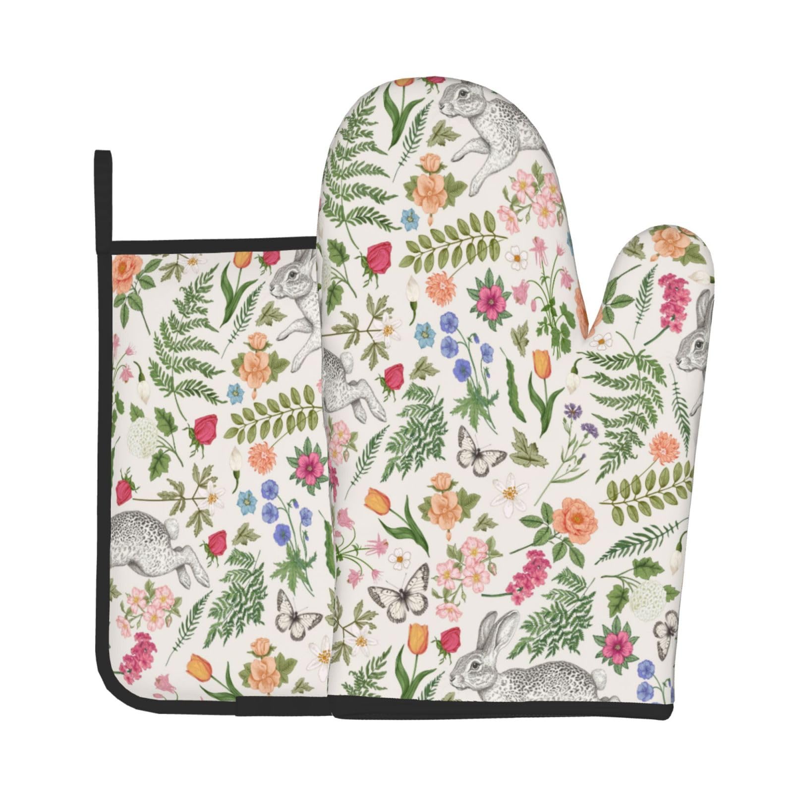 Easter Oven Mitts and Pot Holders Sets Spring Floral Oven Mitts Heat Resistant Bunny Butterfly Botanical Farmhouse Kitchen Gloves Hot Pads Two Piece Set for Cooking Baking Grilling BBQ
