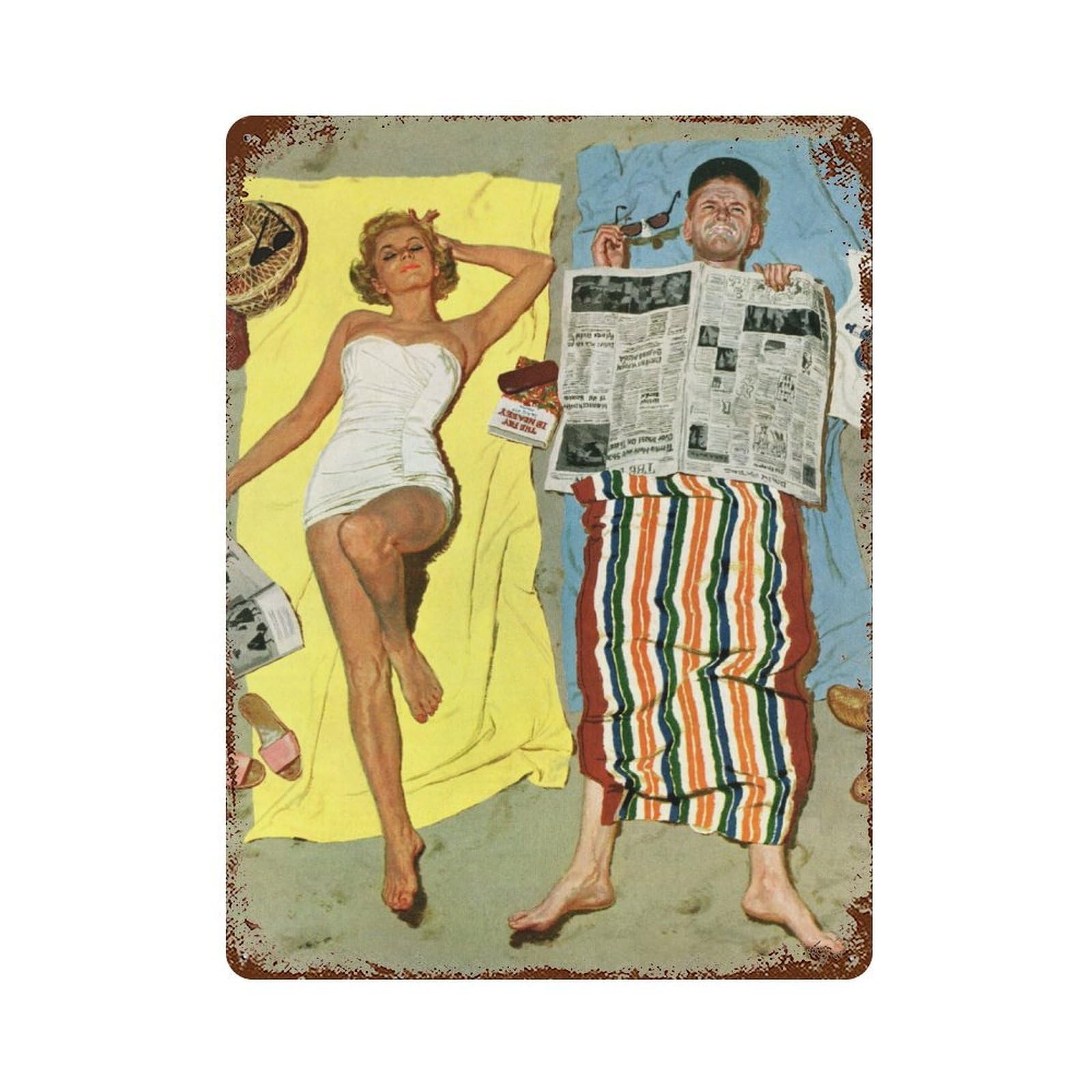 On The Beach Rusty Metal Tin Sign 15.7"x11.8", for Basement, Hobby Room And Garage Decor, Retro Wall Decor